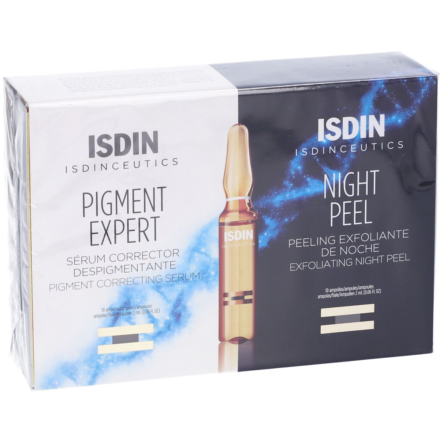 Confezione con due prodotti: "PIGMENT EXPERT" e "NIGHT PEEL". Un'ampolla è visibile.
