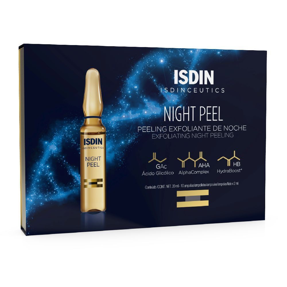 Scatola ISDINCEUTICS Night Peel. Contiene una fiala e informazioni sul prodotto. Tonalità blu e oro.