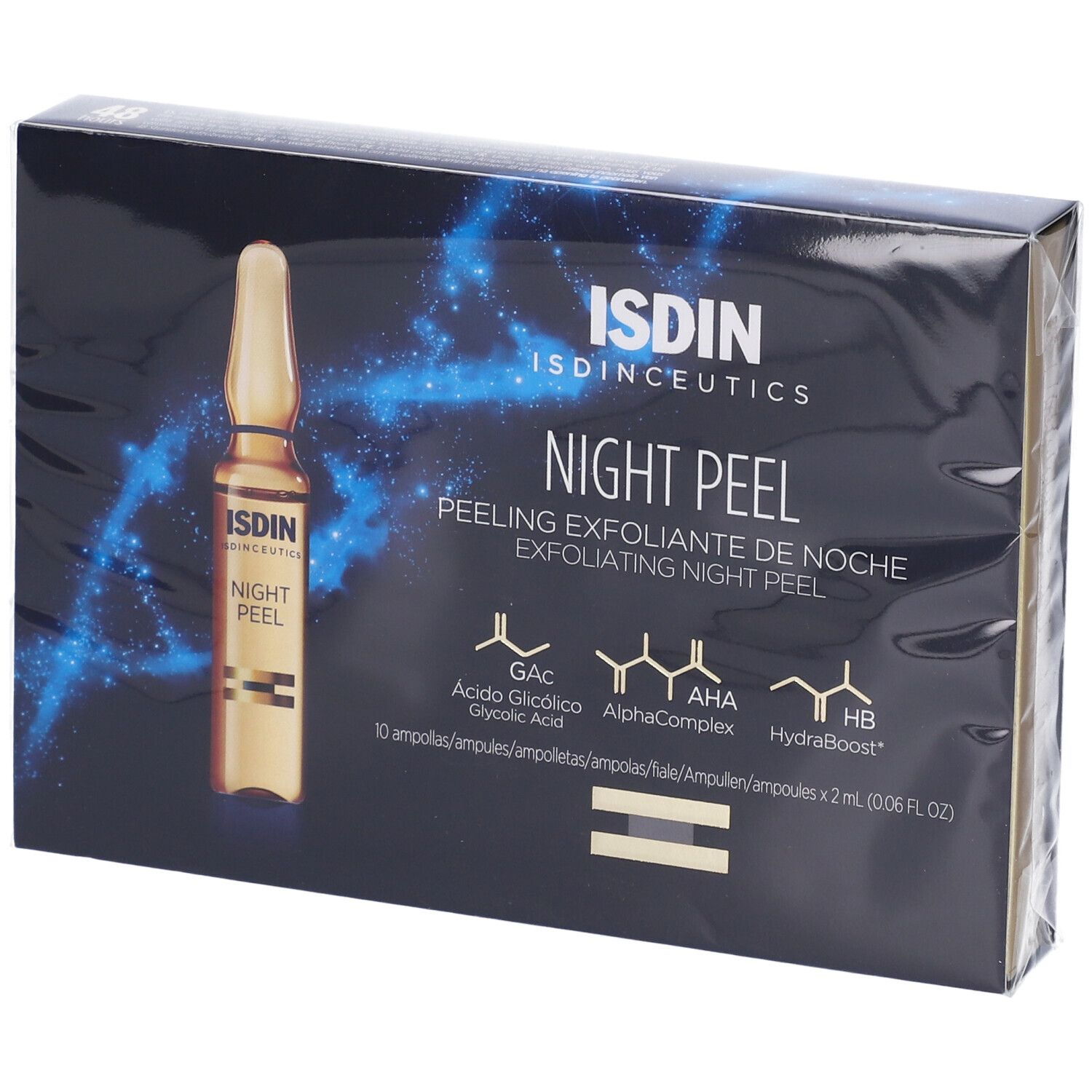 Confezione ISDINCEUTICS Night Peel. Contiene 10 fiale. Sfondo nero con nome del prodotto e ingredienti.
