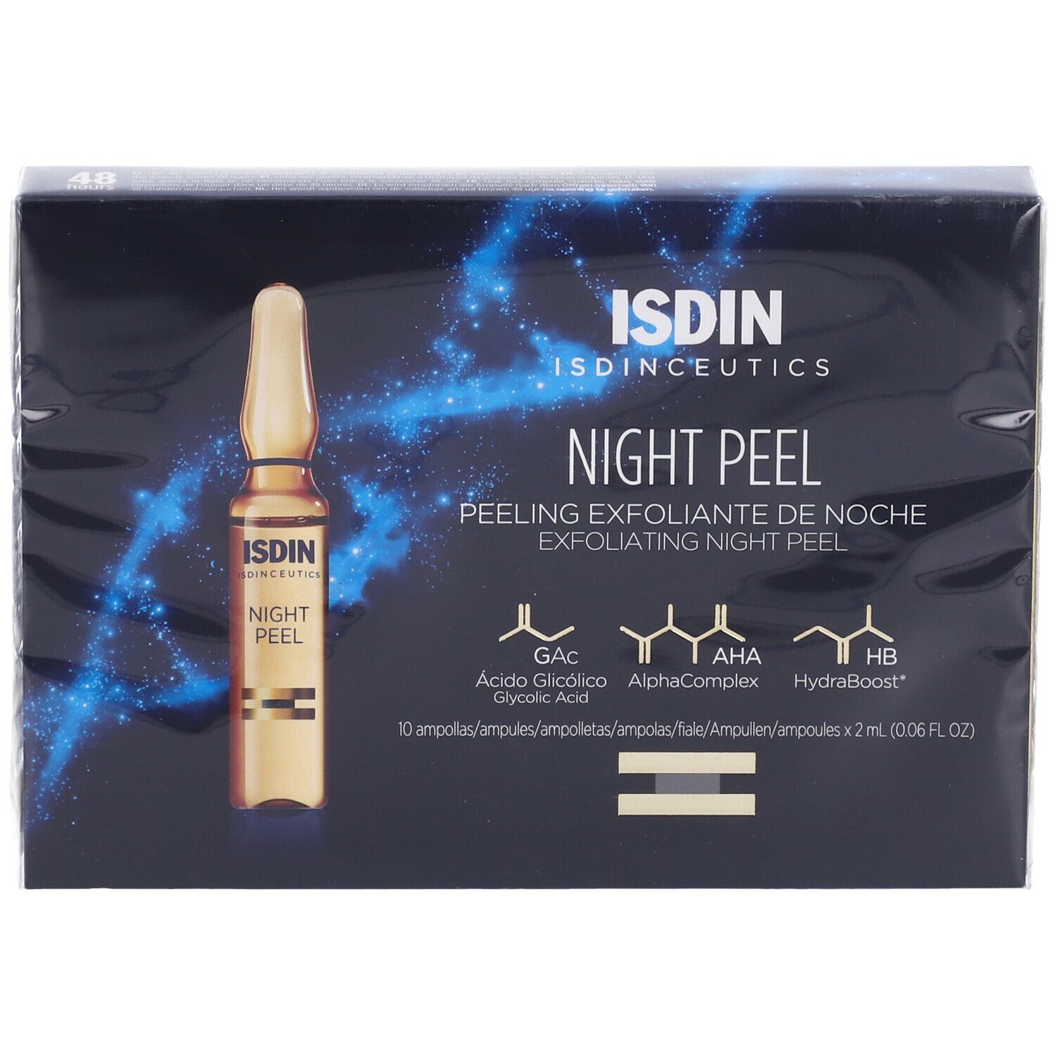 Scatola ISDINCEUTICS Night Peel. Contiene una fiala e informazioni sul prodotto. Tonalità blu e oro.