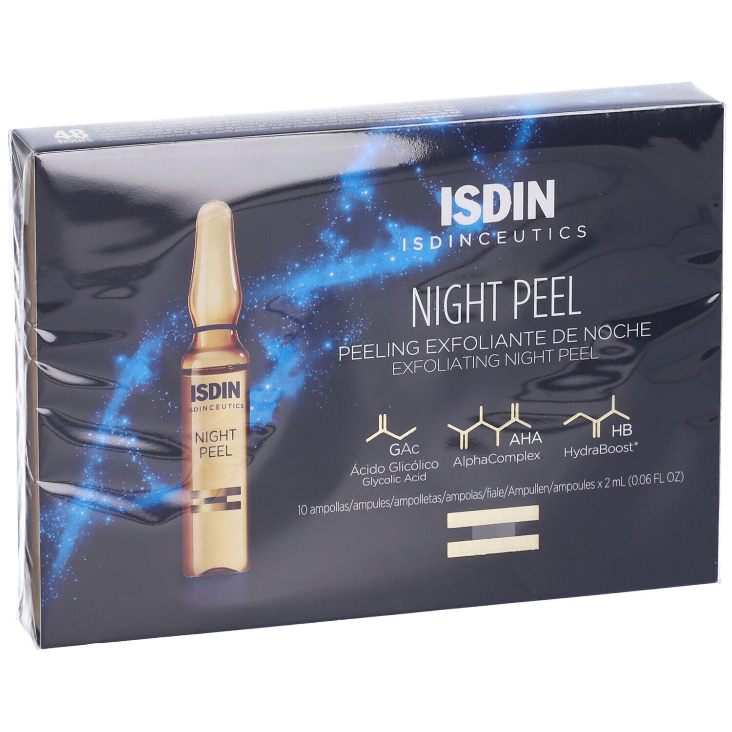 Scatola ISDINCEUTICS Night Peel. Contiene una fiala e informazioni sul prodotto. Tonalità blu e oro.