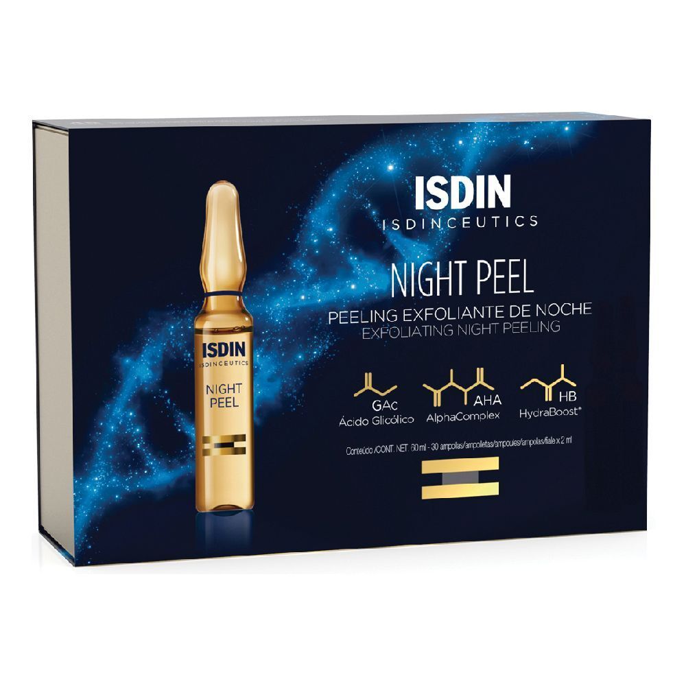 Scatola con fiala. Scritta ISDIN, Night Peel. Confezione blu con motivo a stelle e informazioni sul prodotto.