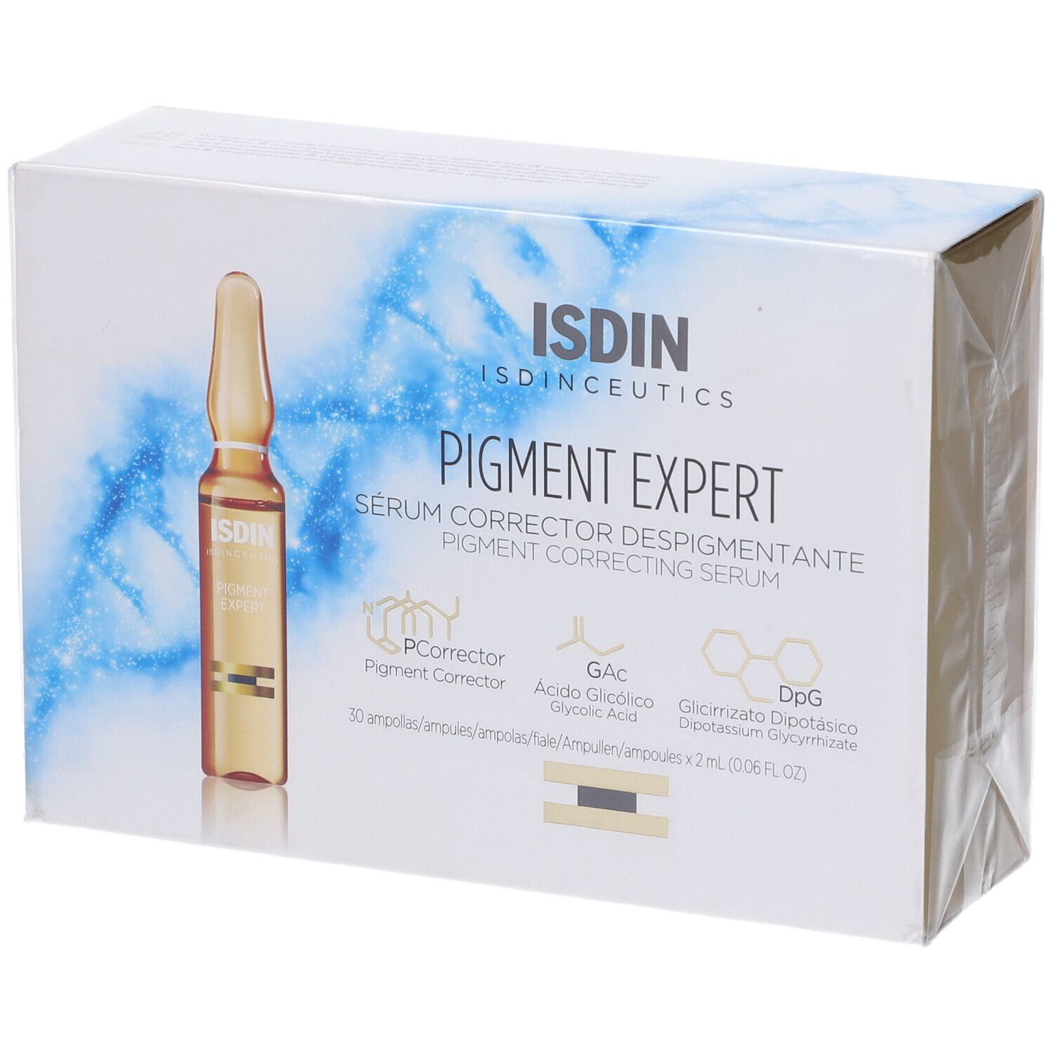 Scatola con fiala. Scritta: ISDIN, Pigment Expert, Siero Correttore Depigmentante. Contiene 30 fiale.