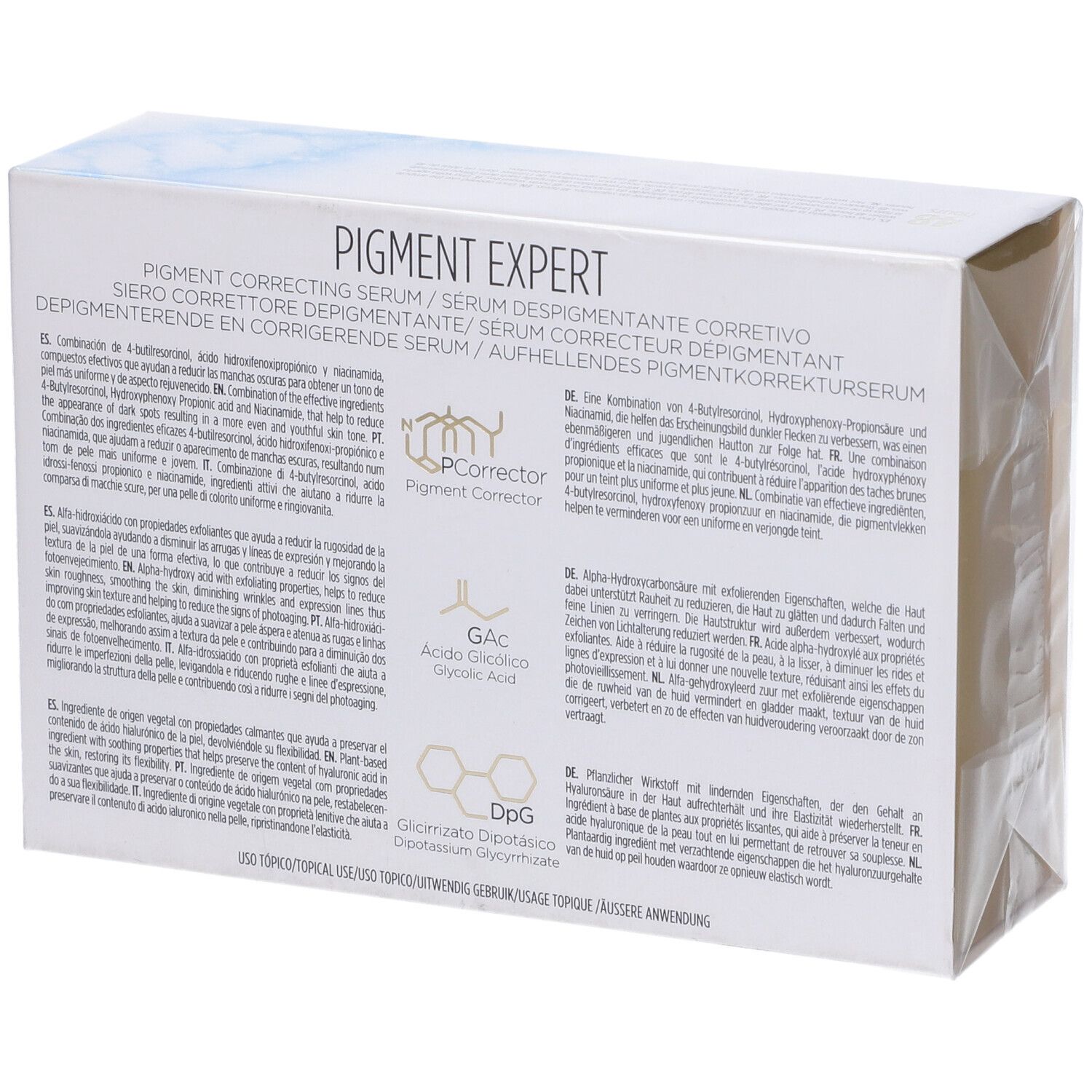 Retro della scatola con testo. Scritta: Pigment Expert, Siero Correttore Depigmentante. Contiene ingredienti e applicazione.