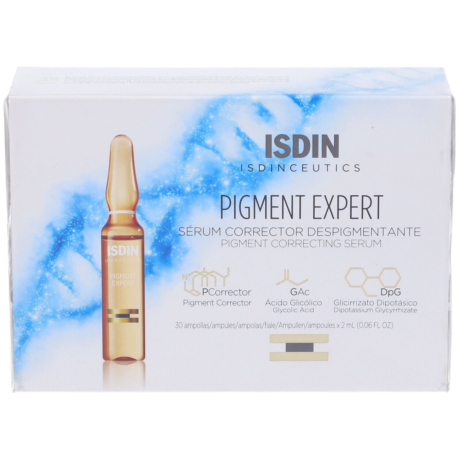 Scatola con fiala. Scritta: ISDIN, Pigment Expert, Siero Correttore Depigmentante. Contiene 30 fiale.