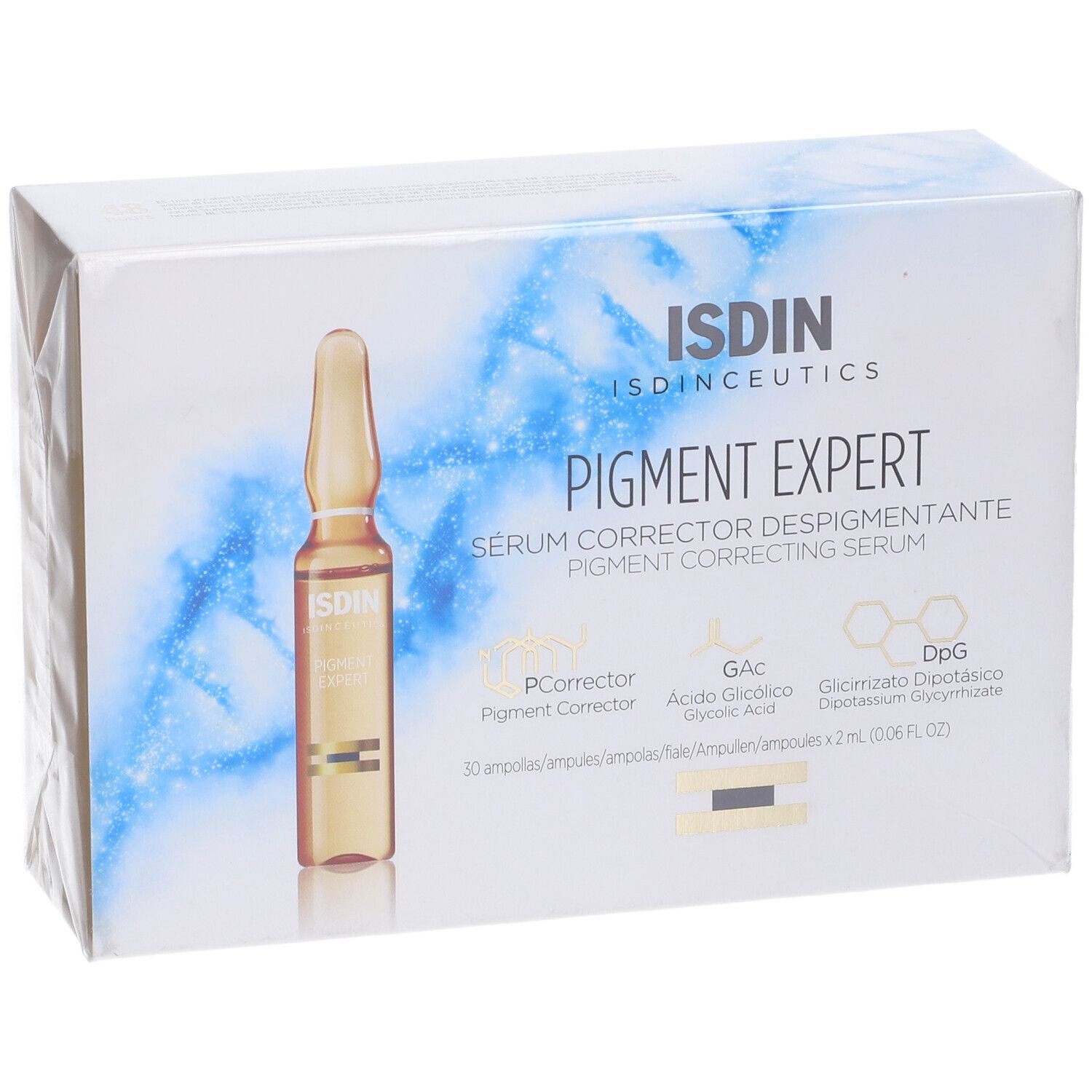 Scatola con fiala. Scritta: ISDIN, Pigment Expert, Siero Correttore Depigmentante. Contiene 30 fiale.