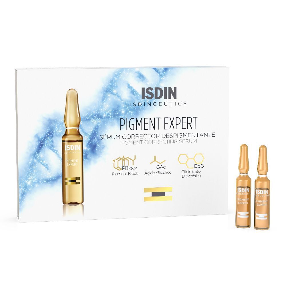 Confezione di siero Pigment Expert ISDIN con tre fiale. Scritte e logo visibili.