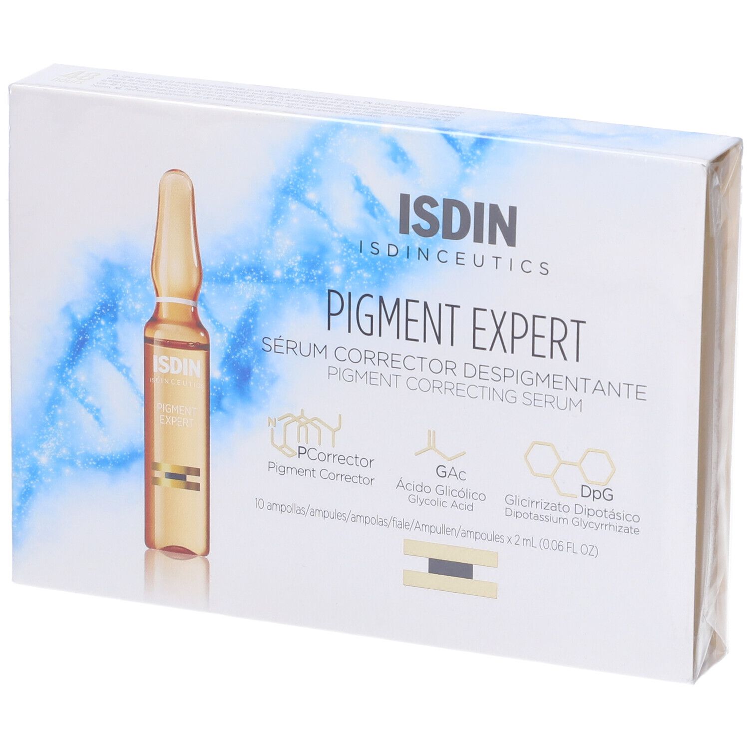 Confezione di siero Pigment Expert. Logo ISDIN e nome del prodotto visibili. Un'ampolla illustrata.