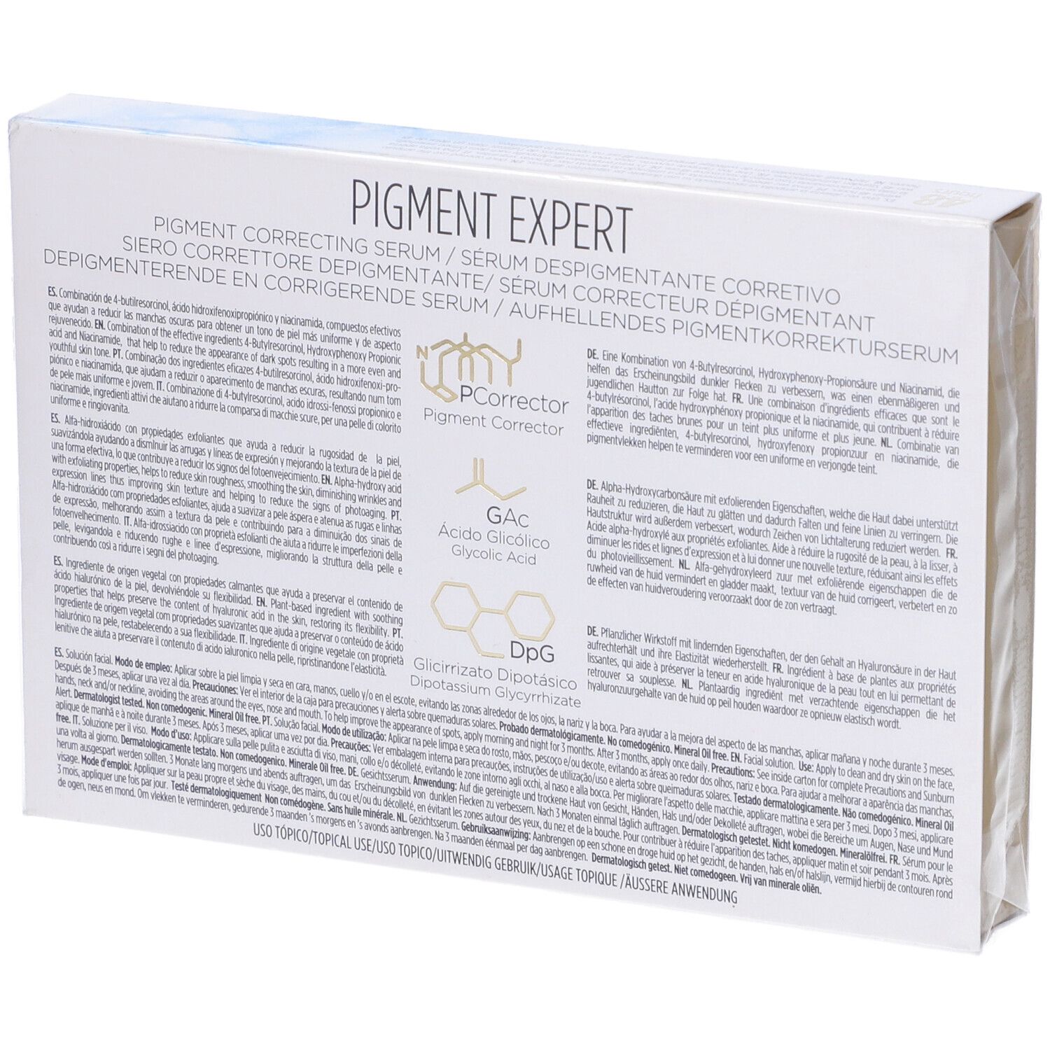 Retro della confezione di siero Pigment Expert. Testo multilingue. Loghi e nomi dei prodotti.