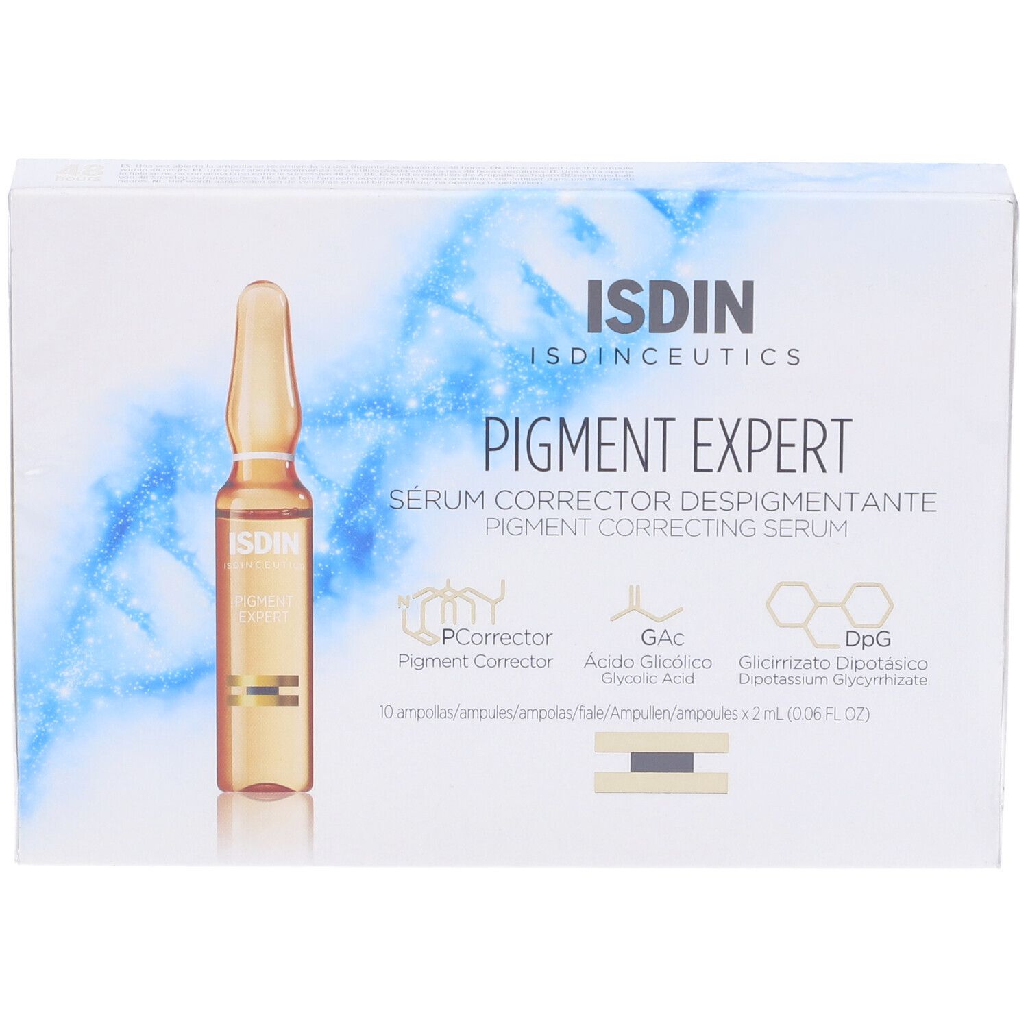 Confezione di siero Pigment Expert. Logo ISDIN e nome del prodotto visibili. Un'ampolla illustrata.