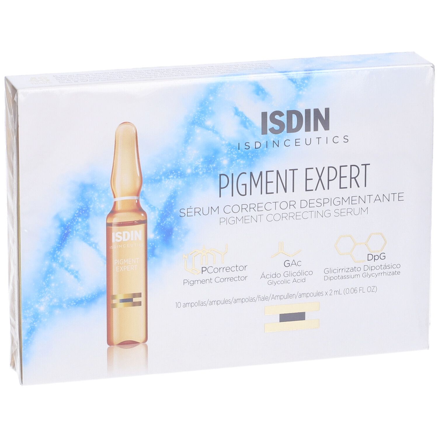 Confezione di siero Pigment Expert. Logo ISDIN e nome del prodotto visibili. Un'ampolla illustrata.