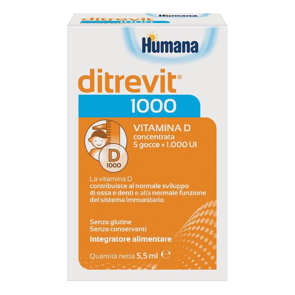 Humana Ditrevit 1000, integratore di vitamina D. Scatola bianca con riquadro arancione e informazioni sul prodotto.