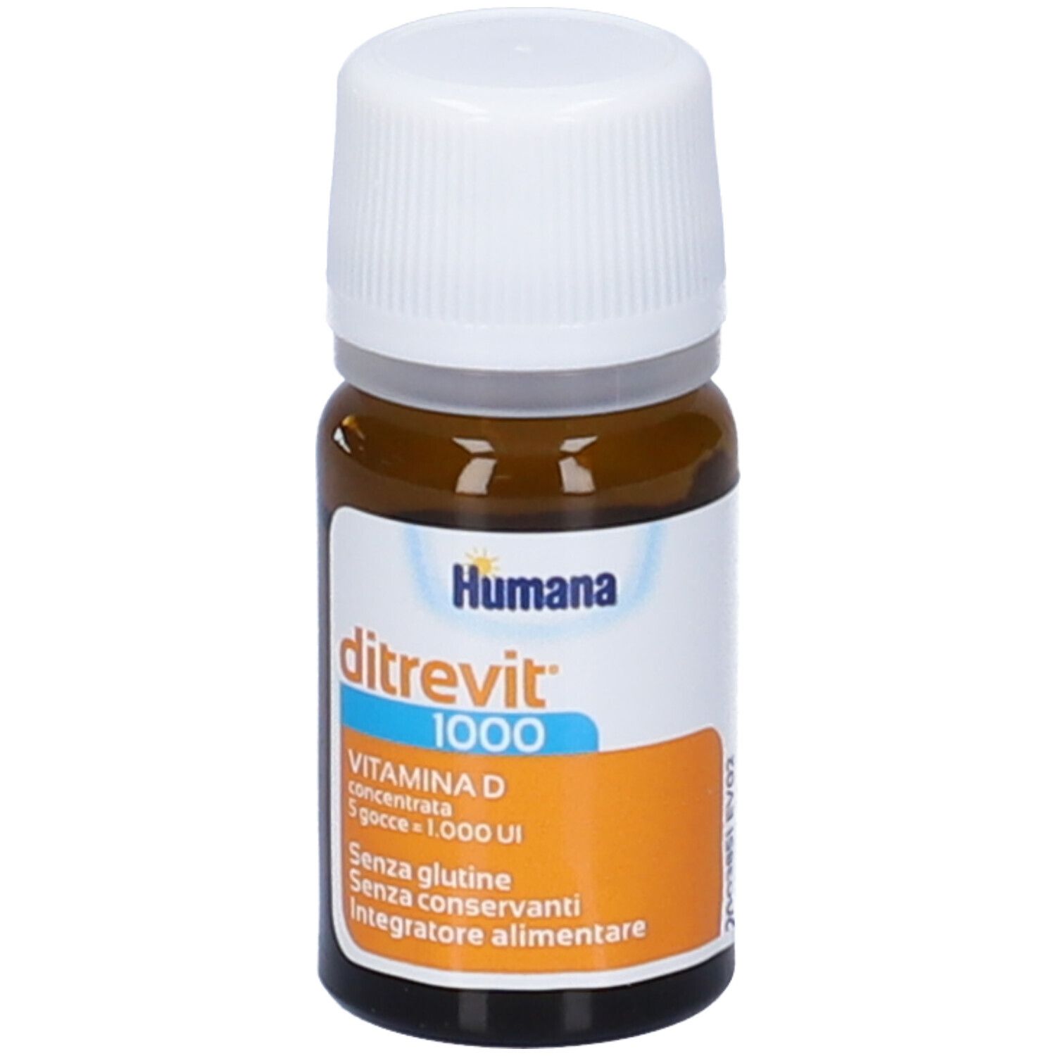 Humana Ditrevit 1000, integratore di vitamina D. Flacone di vetro marrone con tappo bianco ed etichetta.