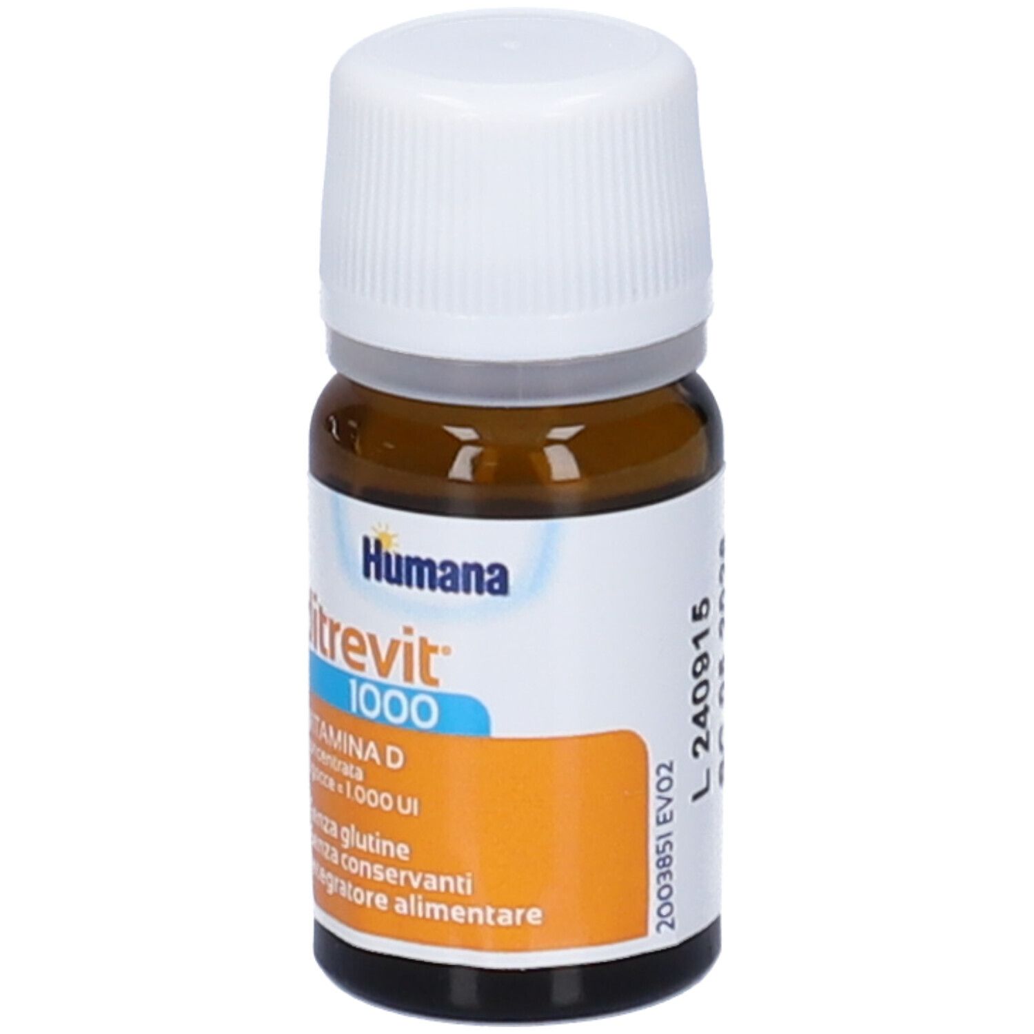 Humana Ditrevit 1000, integratore di vitamina D. Flacone di vetro marrone con tappo bianco ed etichetta.