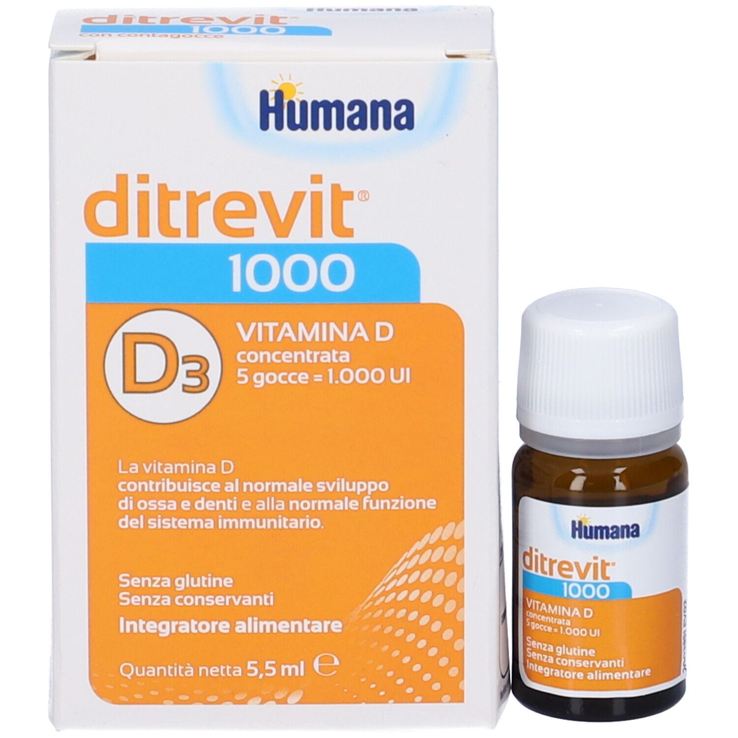 Humana Ditrevit 1000, integratore di vitamina D. Flacone e scatola. Flacone marrone, tappo bianco, scatola bianca.
