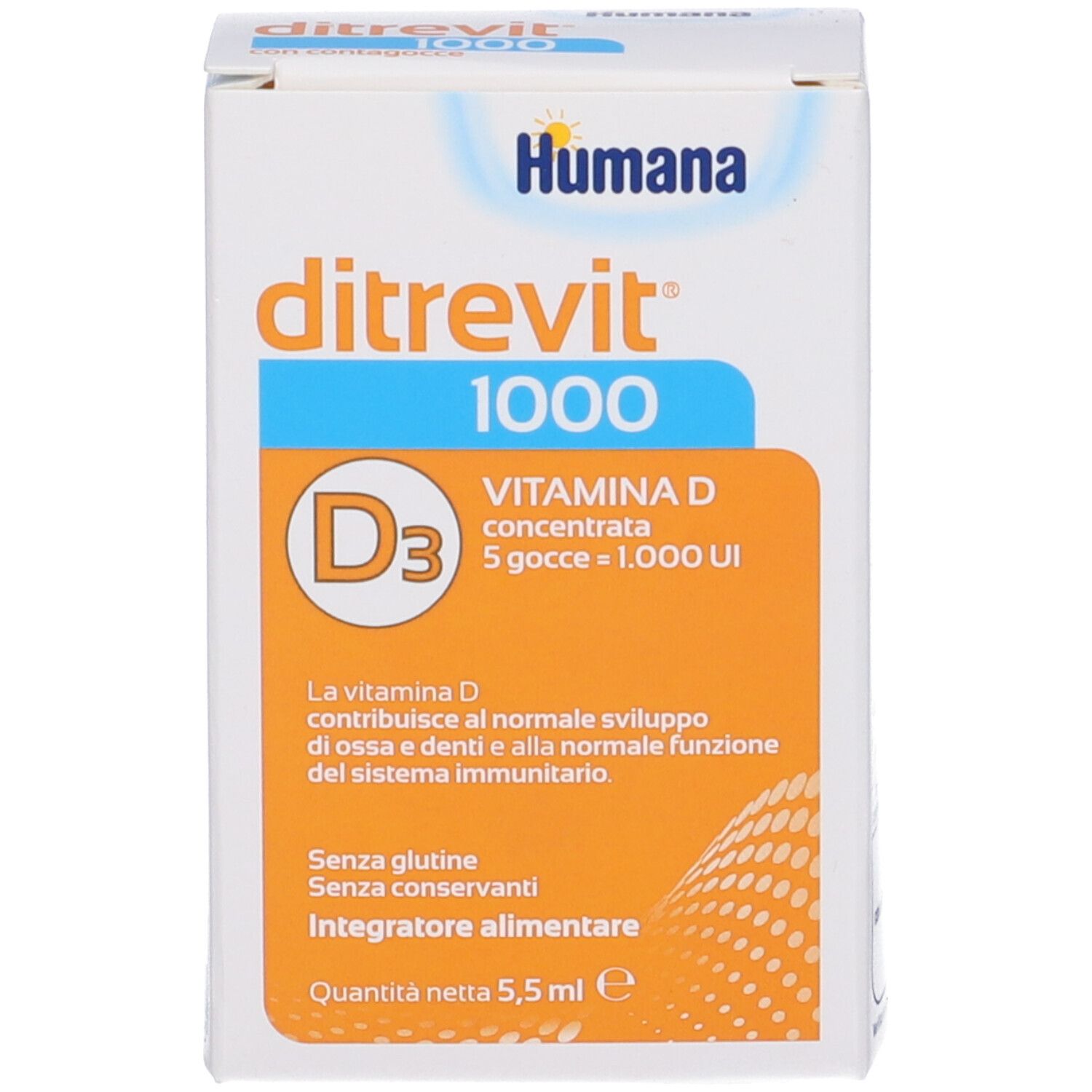 Humana Ditrevit 1000, integratore di vitamina D. Scatola bianca con riquadro arancione e informazioni sul prodotto.