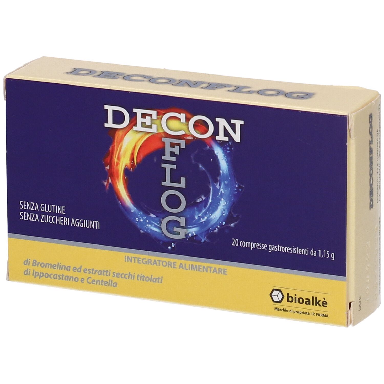 Scatola DECONFLOG. Colori blu e giallo. Contiene 20 compresse. Senza glutine, senza zuccheri aggiunti.
