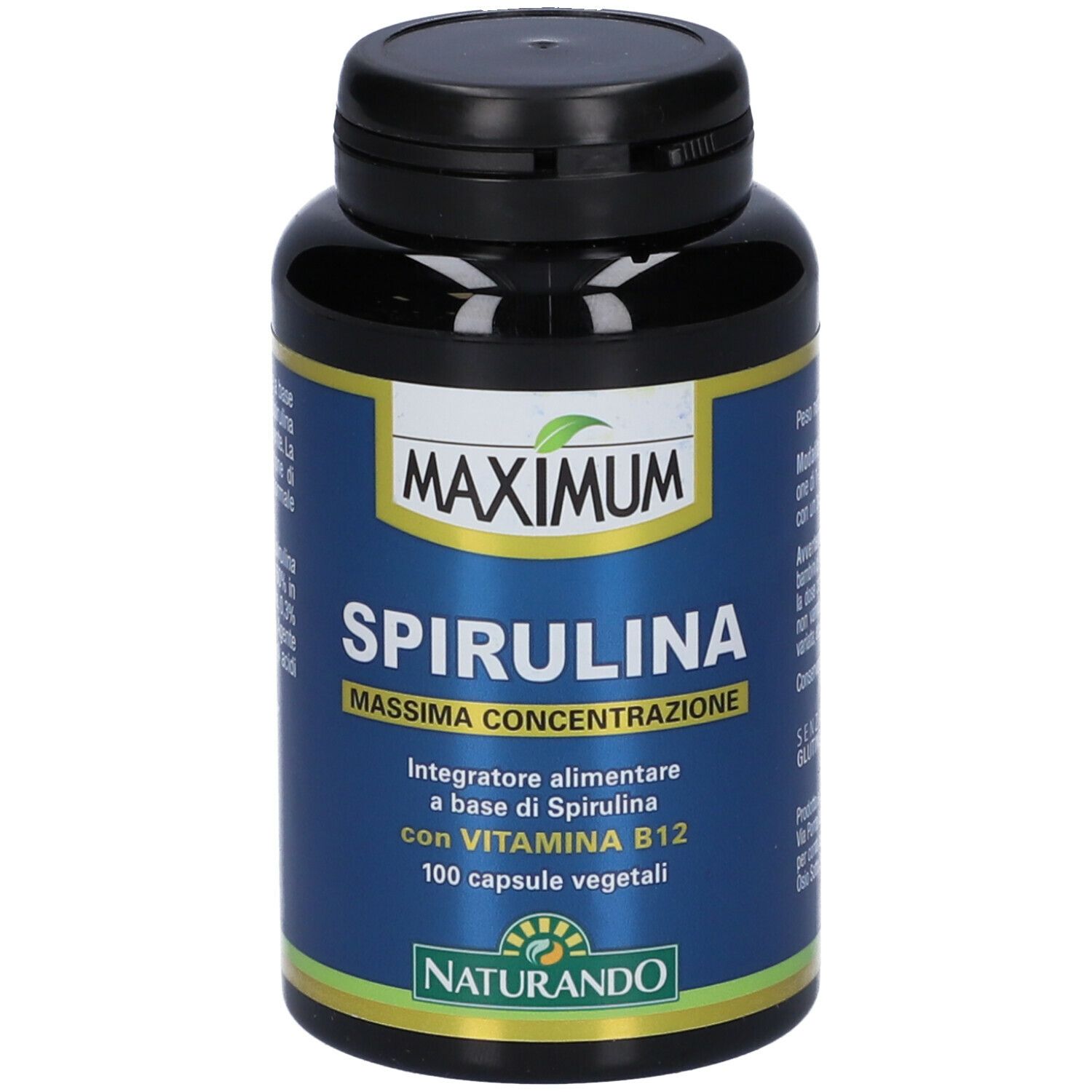Flacone nero con tappo nero. Scritta: MAXIMUM SPIRULINA. Etichetta blu con informazioni sul prodotto.