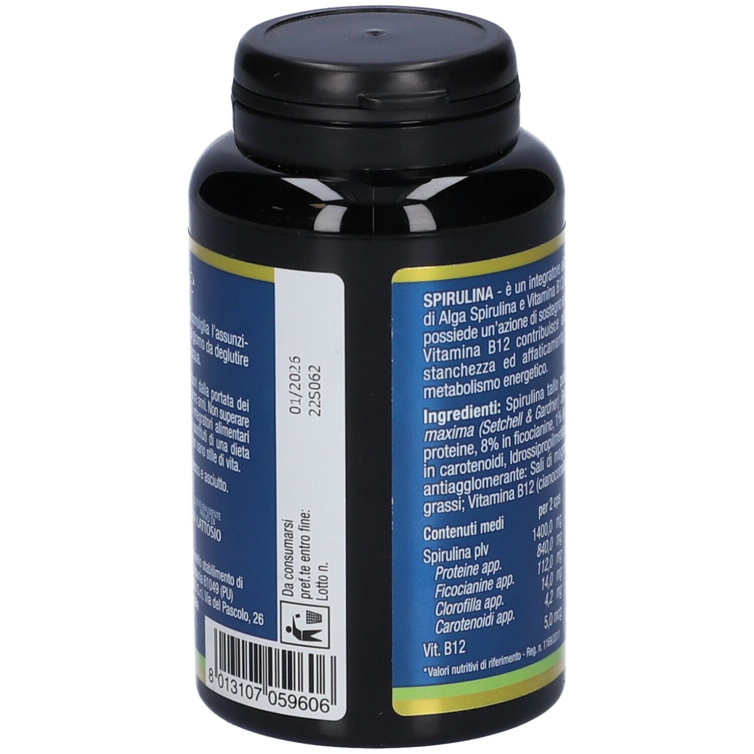 Flacone nero con tappo nero. Retro con informazioni sul prodotto e ingredienti.