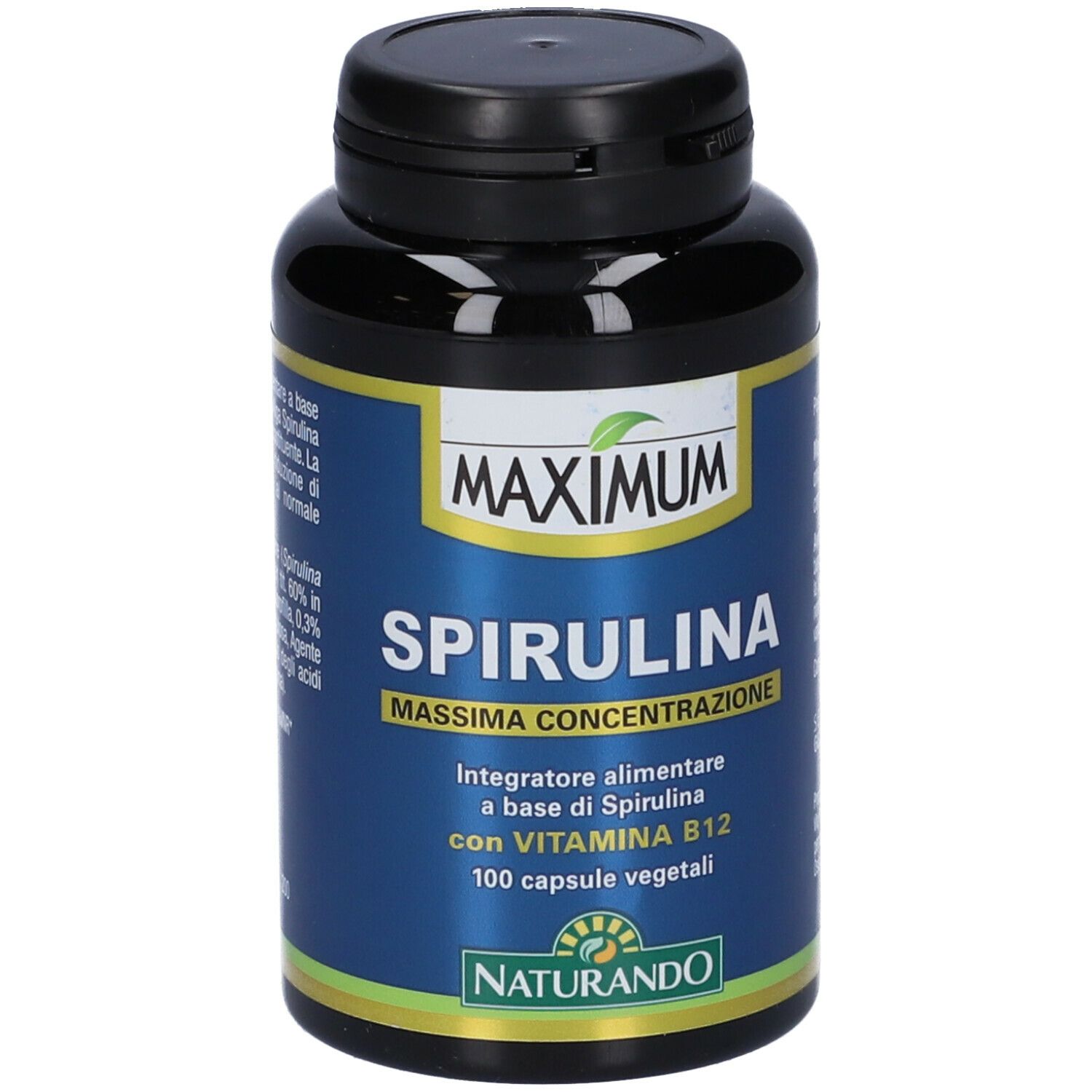 Flacone nero con tappo nero. Scritta: MAXIMUM SPIRULINA. Etichetta blu con informazioni sul prodotto.
