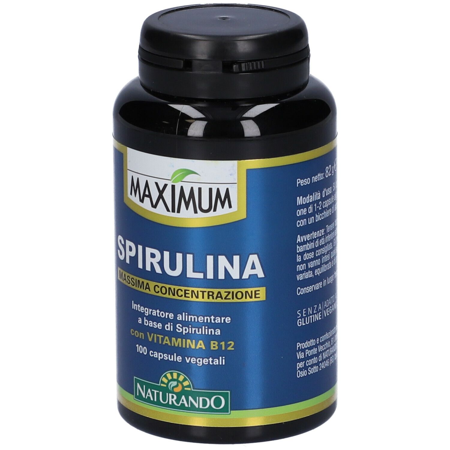 Flacone nero con tappo nero. Scritta: MAXIMUM SPIRULINA. Etichetta blu con informazioni sul prodotto.