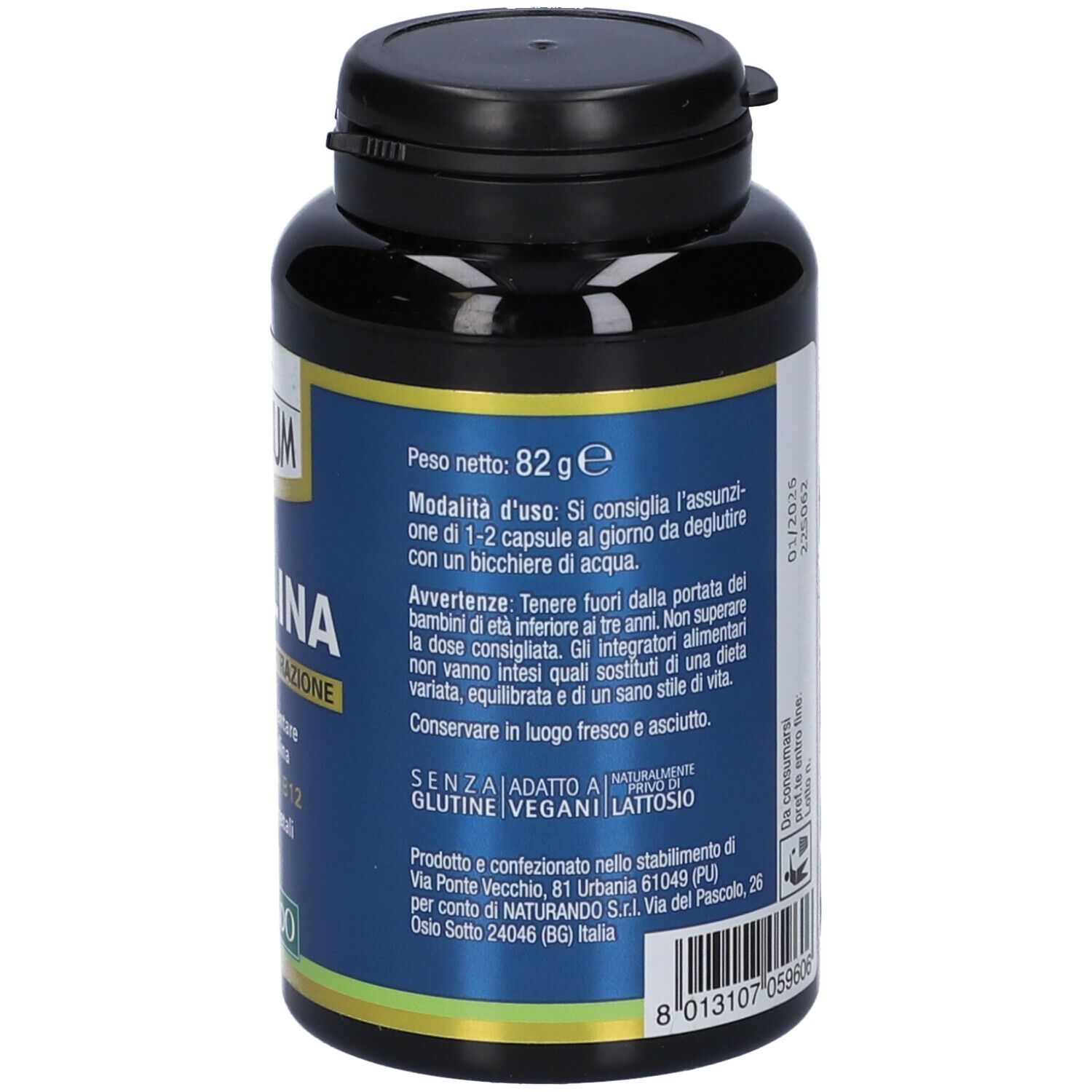 Flacone nero con tappo nero. Retro con informazioni sul prodotto e ingredienti.