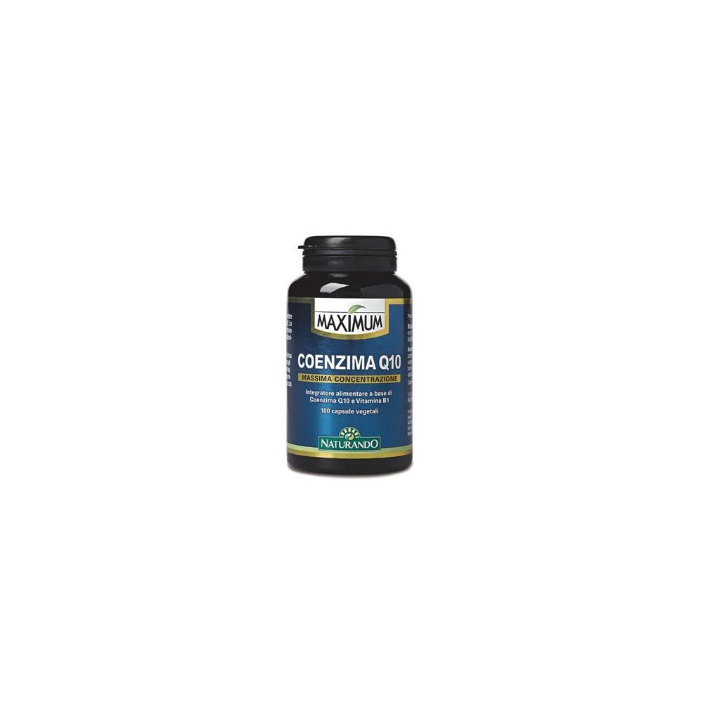 Flacone nero con tappo nero. Scritta: MAXIMUM COENZIMA Q10. Logo Naturando.