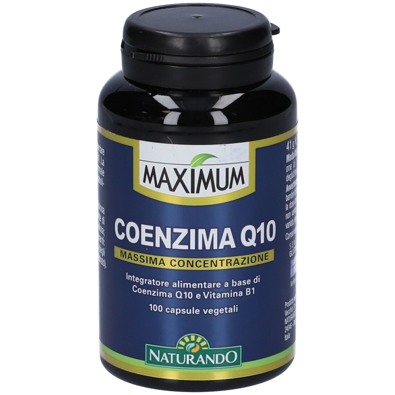 Flacone nero con tappo nero. Scritta: MAXIMUM COENZIMA Q10, 100 capsule. Logo Naturando.