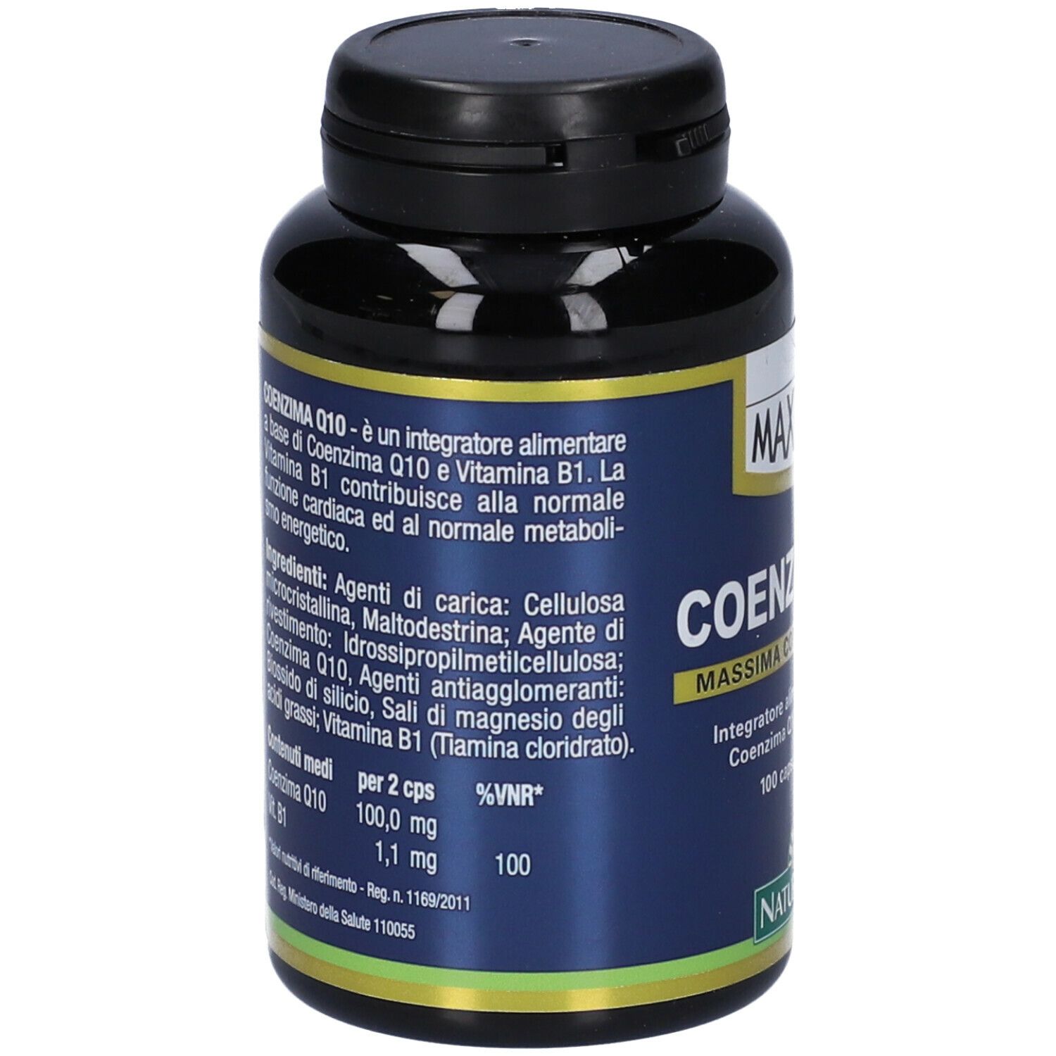Retro del flacone. Testo con ingredienti e informazioni nutrizionali. Marca: MAXIMUM COENZIMA Q10.