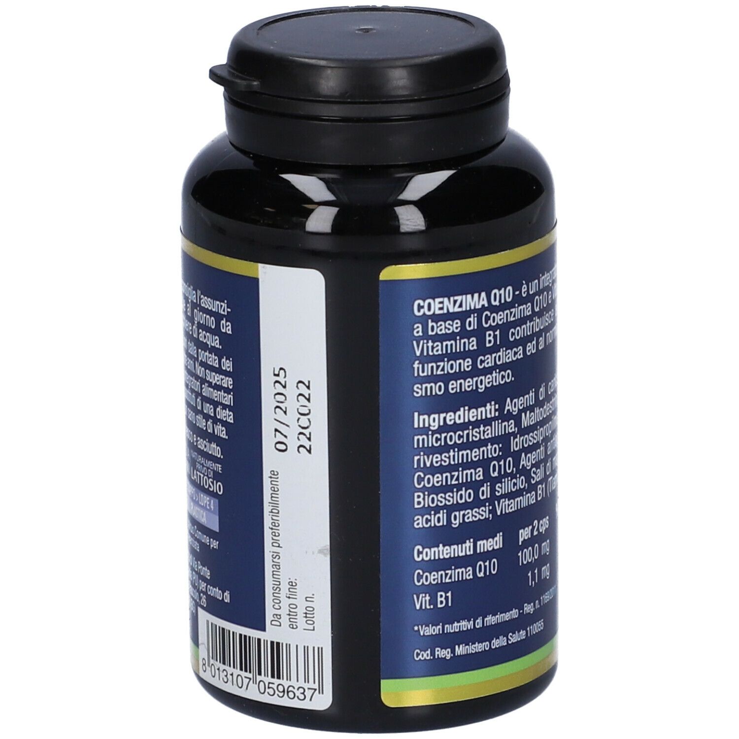 Retro del flacone. Testo con data di scadenza e ingredienti. Marca: MAXIMUM COENZIMA Q10.