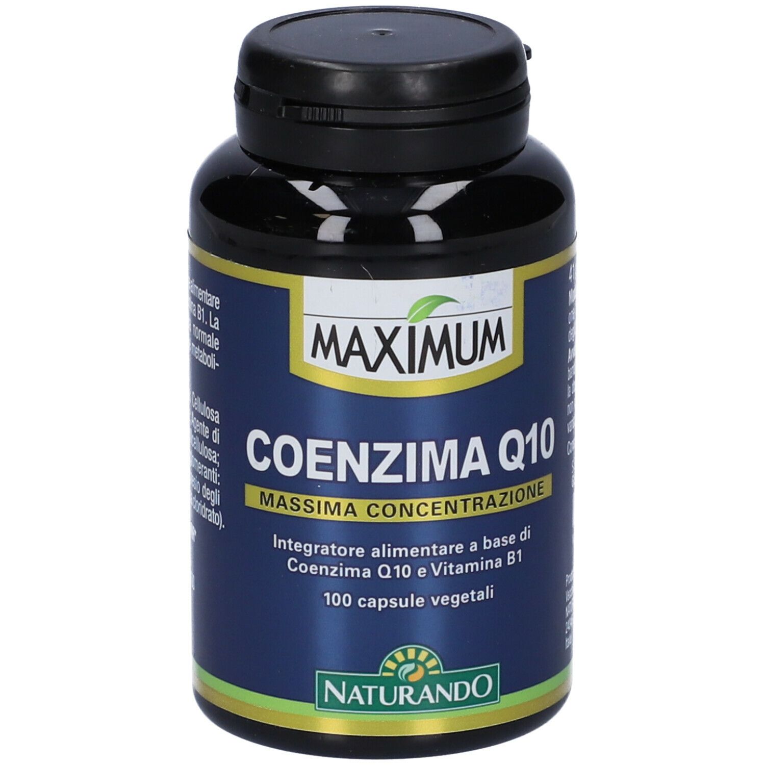 Flacone nero con tappo nero. Scritta: MAXIMUM COENZIMA Q10, 100 capsule. Logo Naturando.