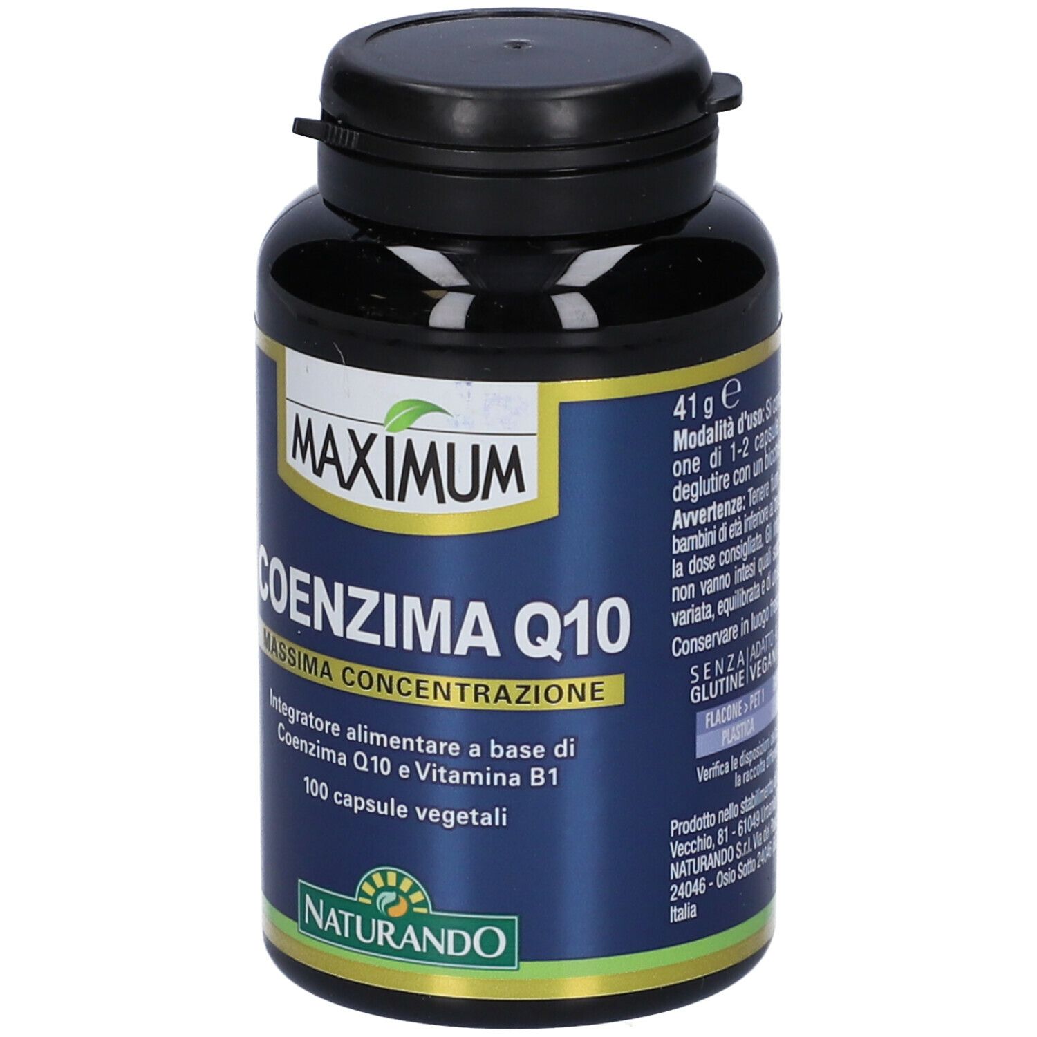 Flacone nero con tappo nero. Scritta: MAXIMUM COENZIMA Q10, 100 capsule. Logo Naturando.
