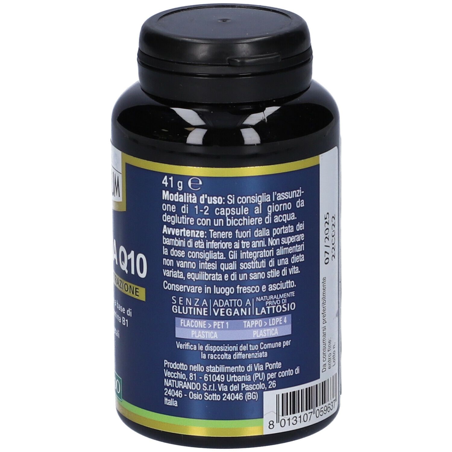 Retro del flacone. Testo con istruzioni per l'uso e ingredienti. Marca: MAXIMUM COENZIMA Q10.