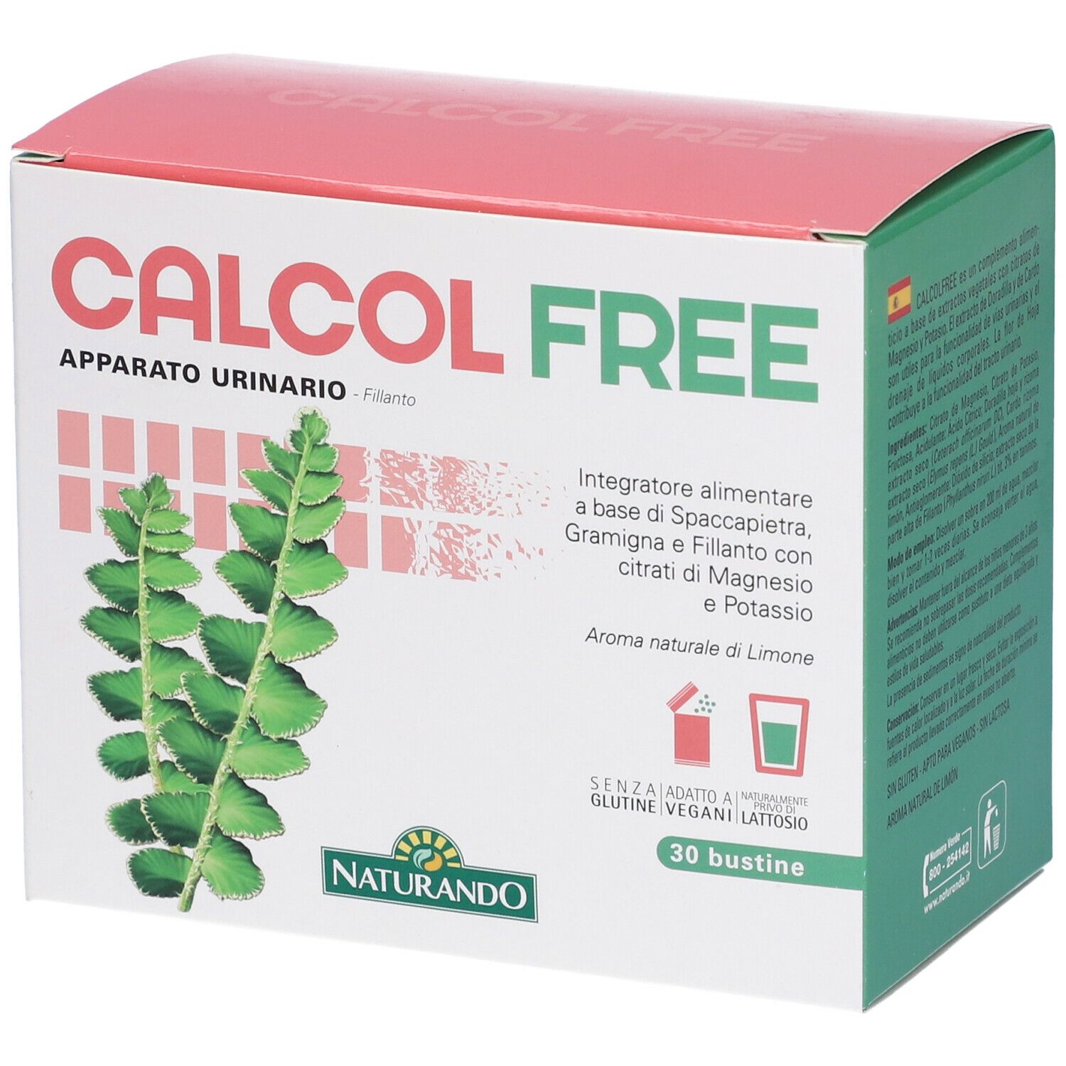 Scatola CALCOL FREE. Confezione rossa e verde con informazioni e 30 bustine.