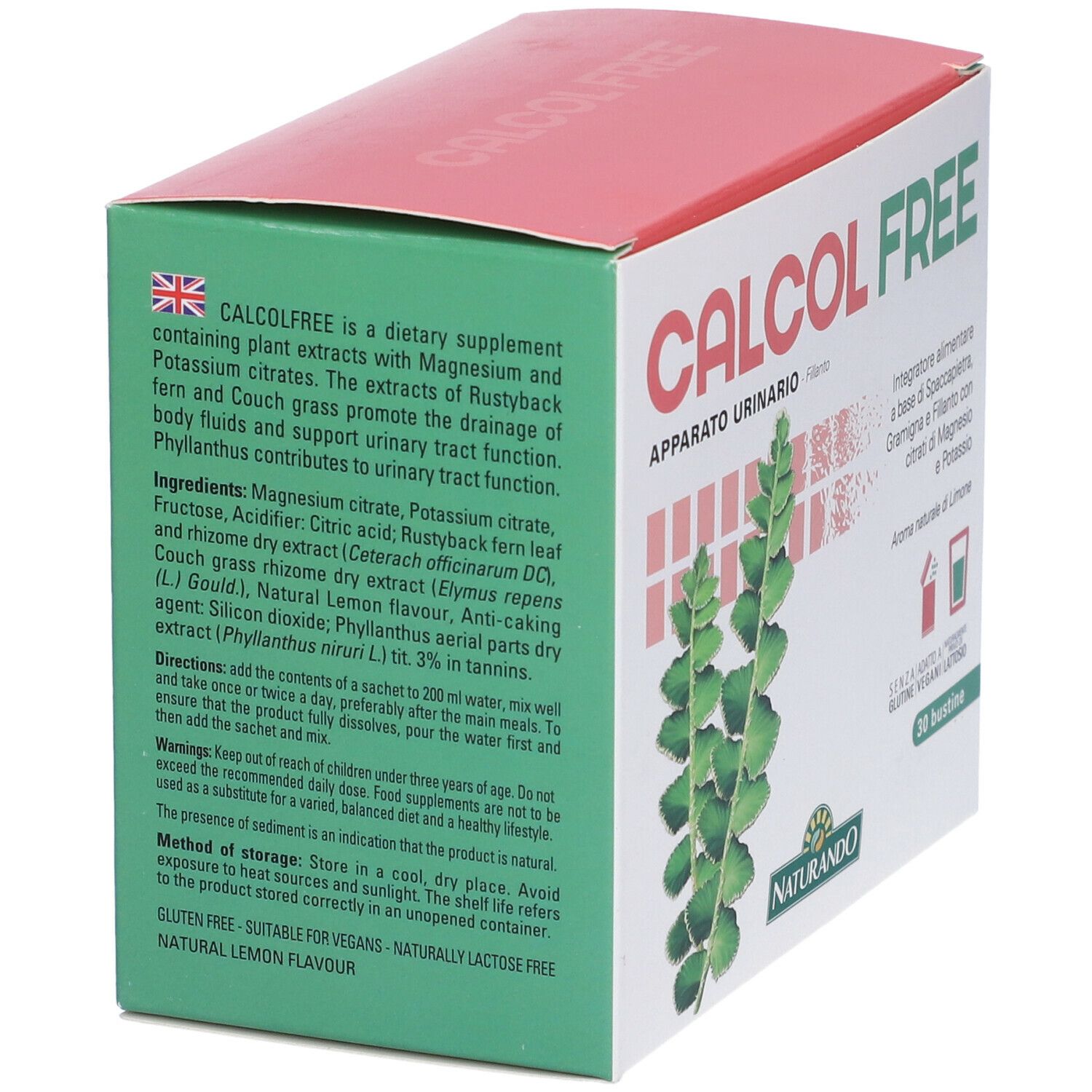 Scatola CALCOL FREE. Confezione con informazioni, ingredienti e 30 bustine.