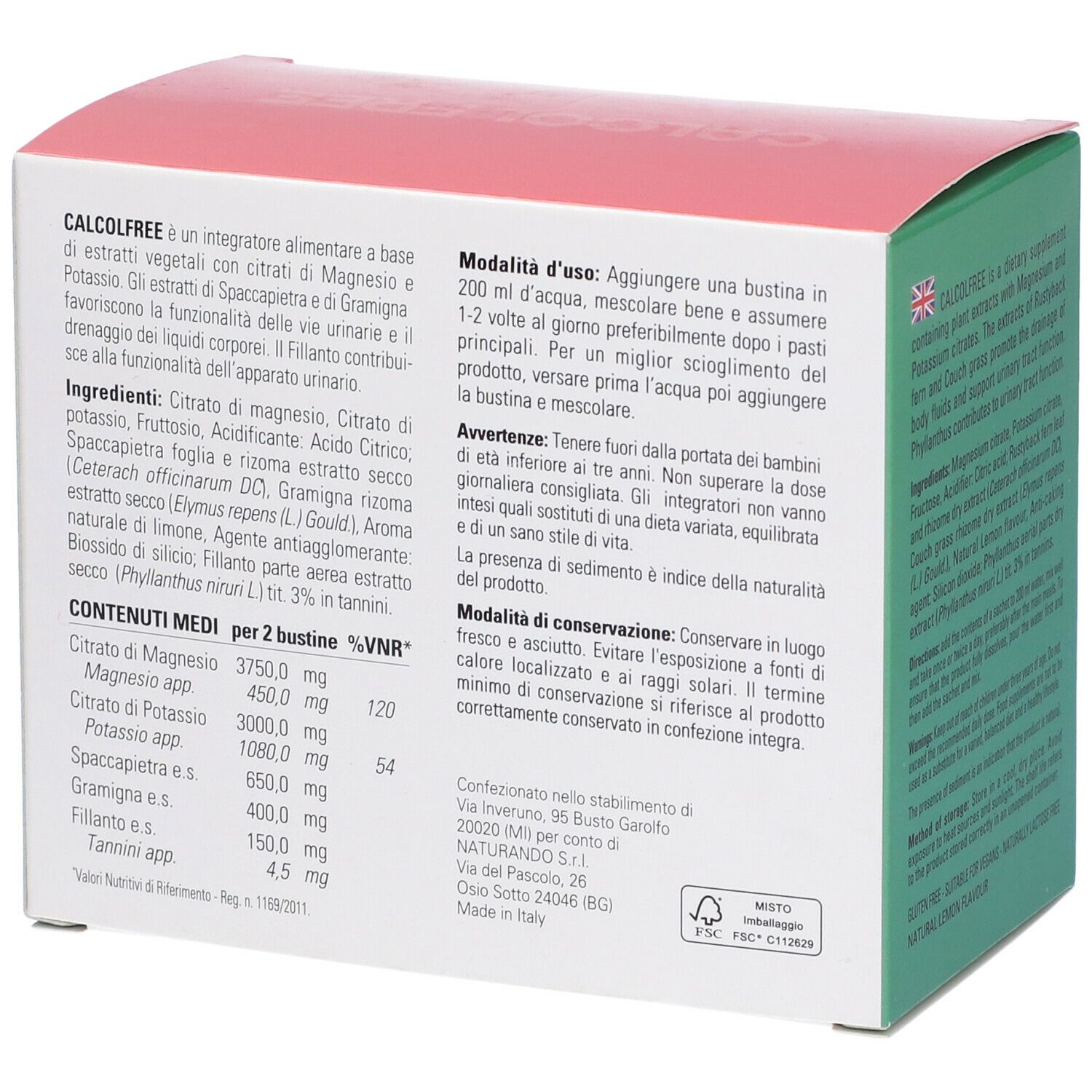 Retro della confezione CALCOL FREE. Informazioni su ingredienti e uso.