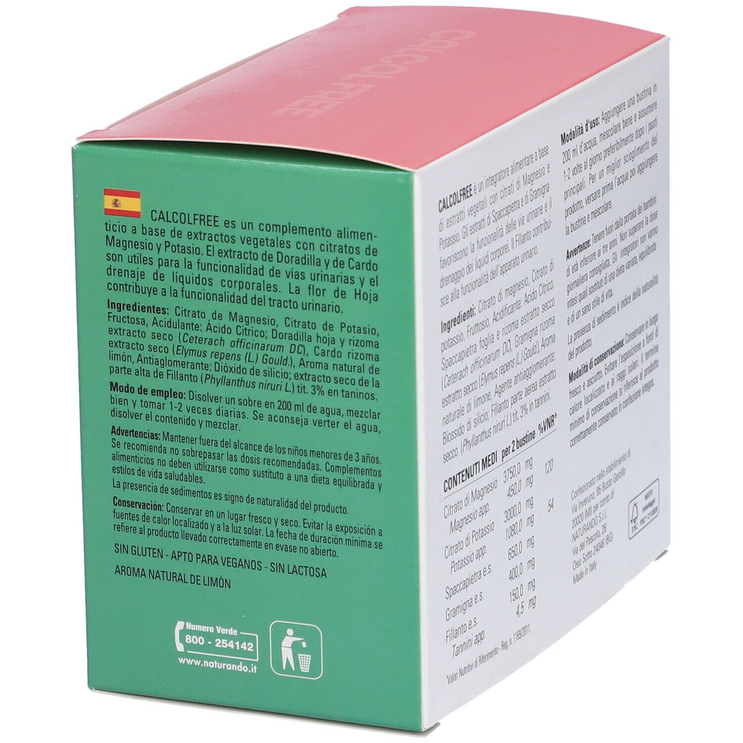 Retro della confezione CALCOL FREE. Informazioni su ingredienti e uso.
