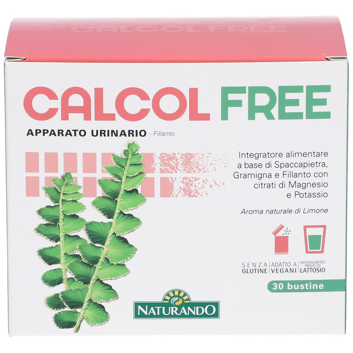 Scatola CALCOL FREE. Confezione rossa e verde con informazioni e 30 bustine.