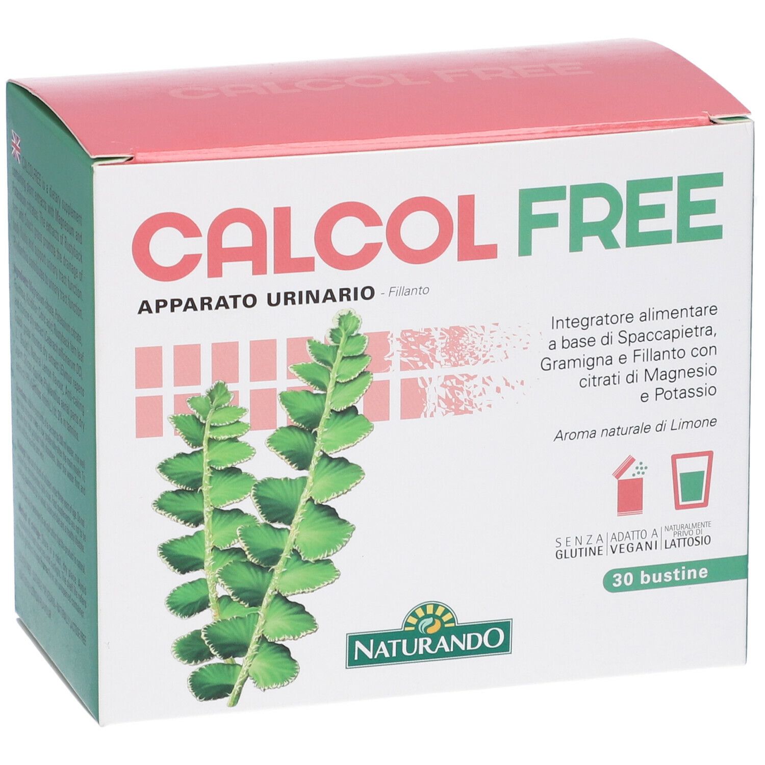 Scatola CALCOL FREE. Confezione rossa e verde con informazioni e 30 bustine.
