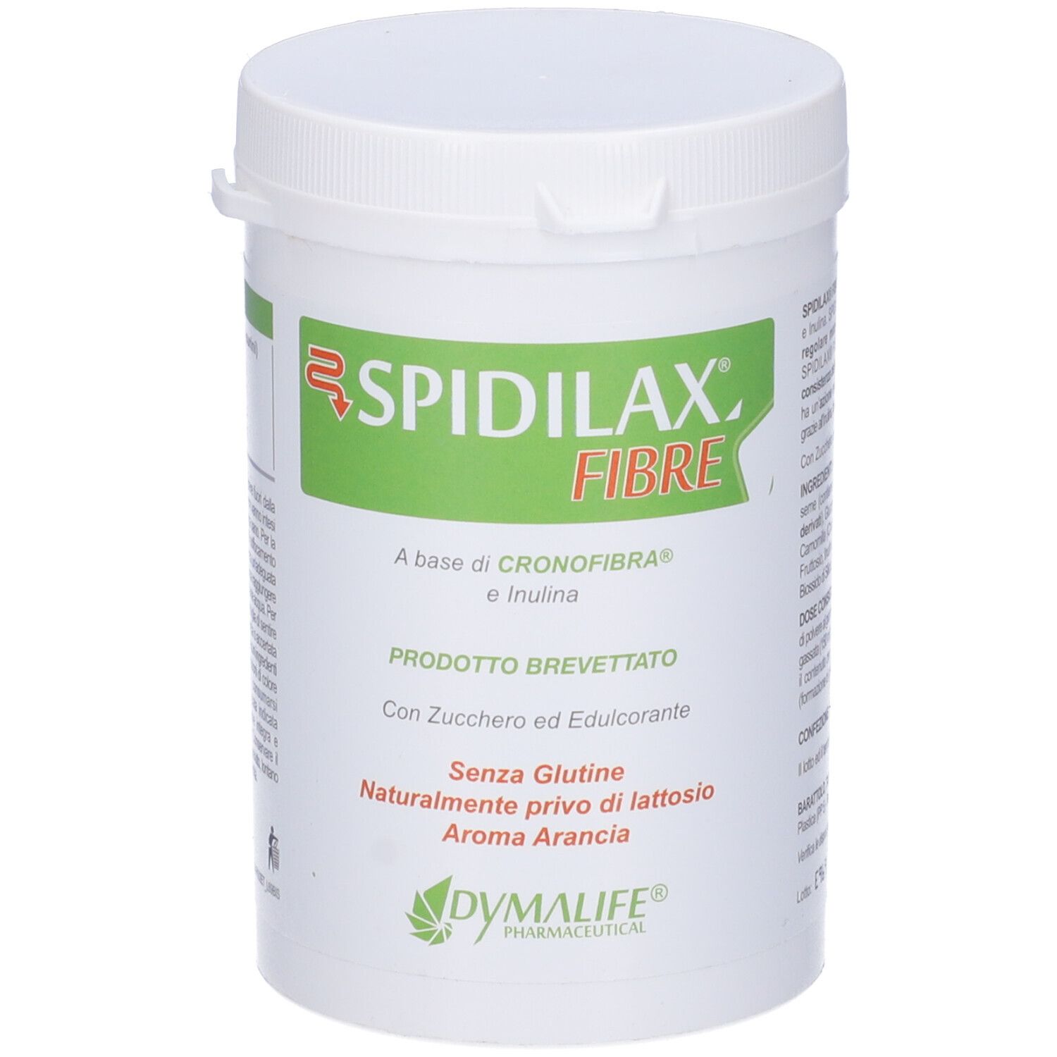 Contenitore bianco con etichetta verde. Scritta: Spidilax Fibre, Inulina, senza glutine, senza lattosio, aroma arancia.