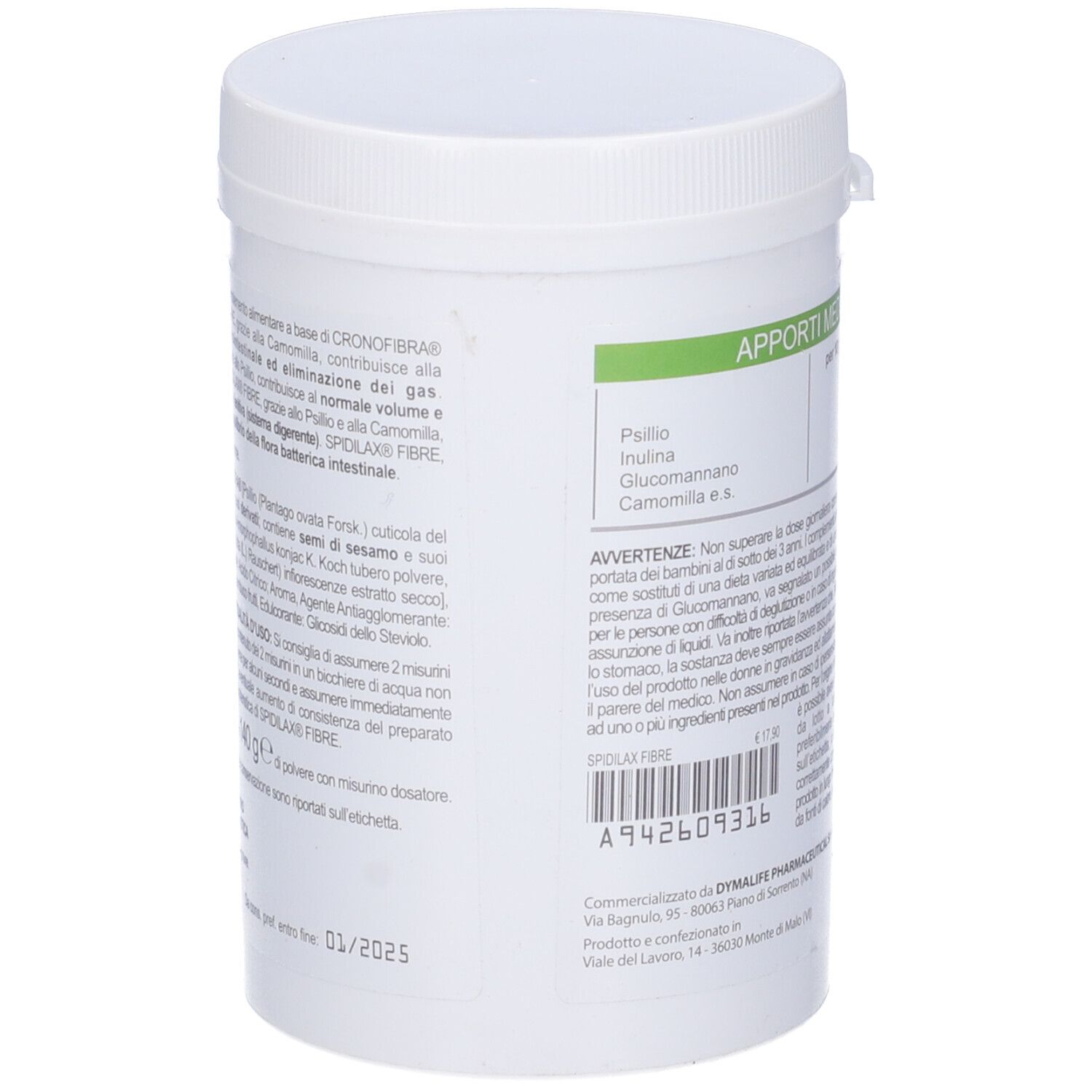 Contenitore bianco, dettaglio degli ingredienti e delle avvertenze. Testo: Psillio, Inulina, Glucomannano, Camomilla.