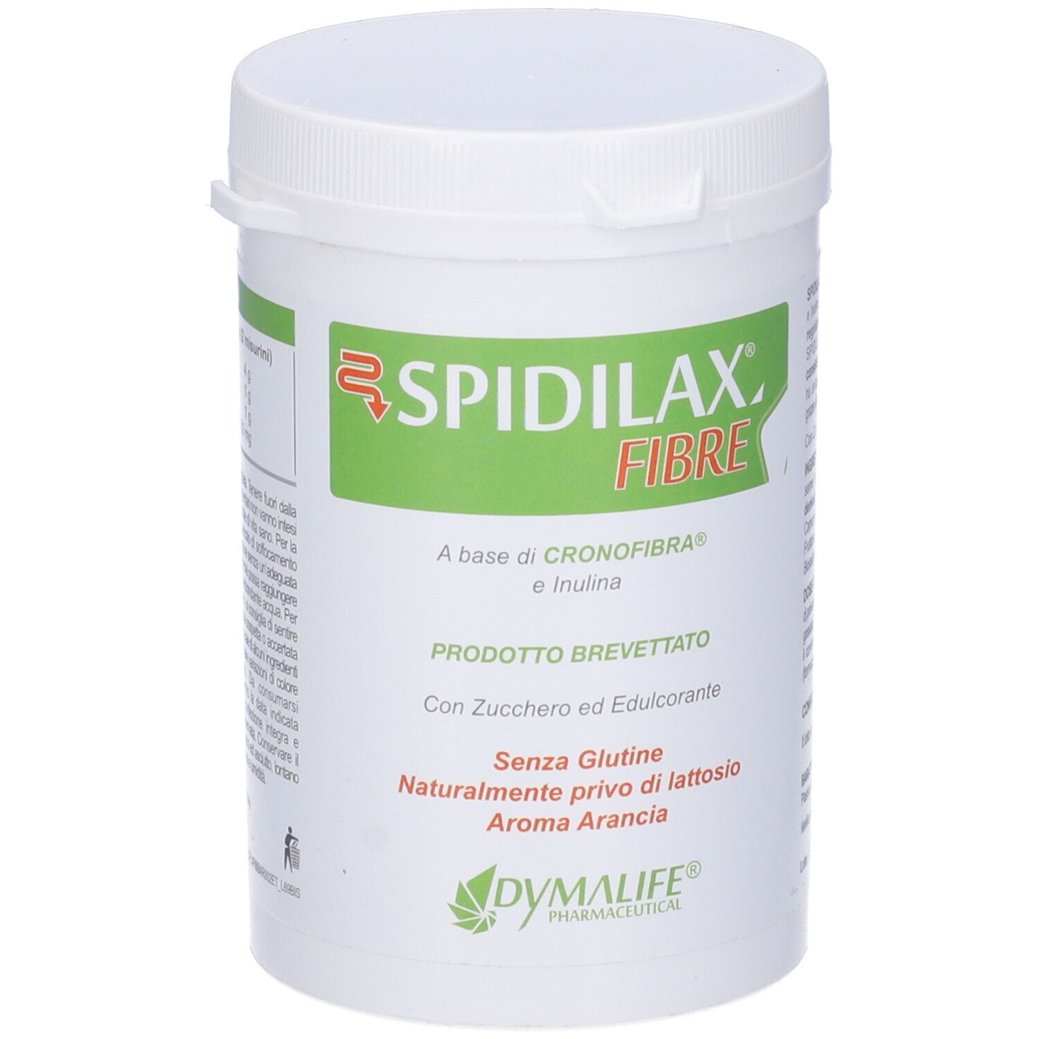Contenitore bianco con etichetta verde. Scritta: Spidilax Fibre, Inulina, senza glutine, senza lattosio, aroma arancia.