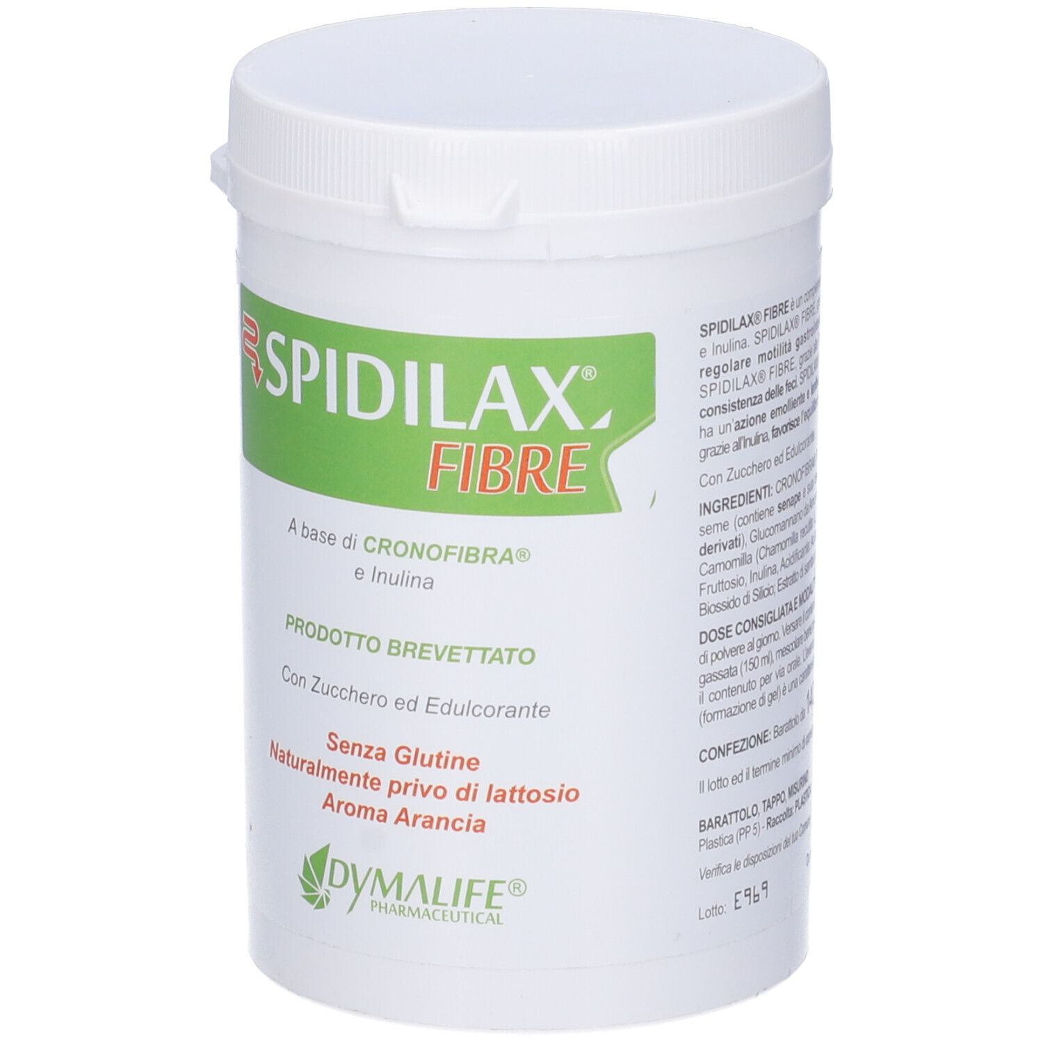 Contenitore bianco con etichetta verde. Scritta: Spidilax Fibre, Inulina, senza glutine, senza lattosio, aroma arancia.