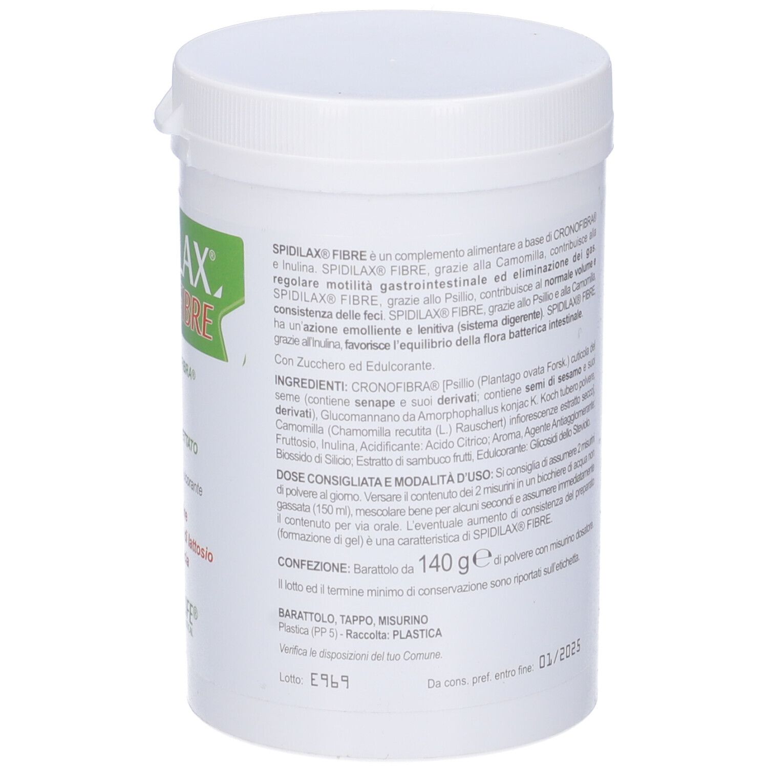 Contenitore bianco con etichetta verde. Scritta: Spidilax Fibre, 140g, ingredienti, dosaggio, conservazione.