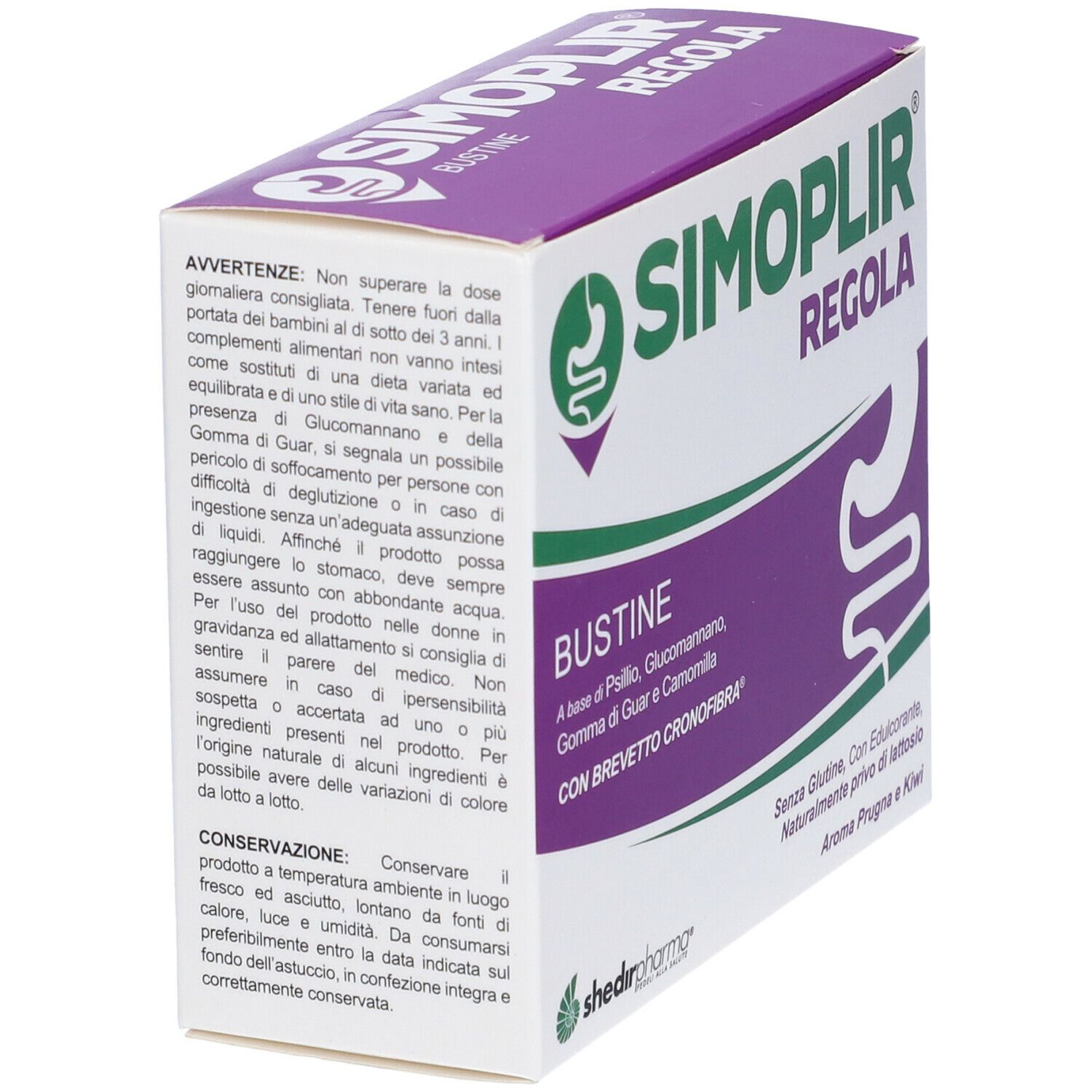 Scatola SIMOPLIR REGOLA, in prospettiva. Scritta: BUSTINE. Ingredienti: Psillio, Glucomannano, Gomma di guar, Camomilla. Senza glutine, lattosio.