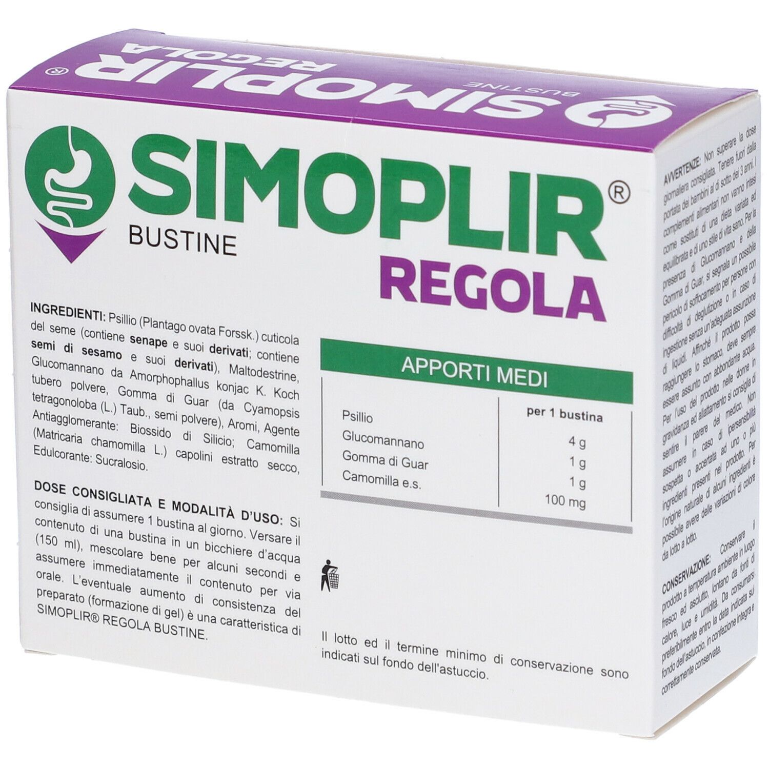 Scatola SIMOPLIR REGOLA. Scritta: BUSTINE. Ingredienti e tabella nutrizionale. Consigli d'uso.