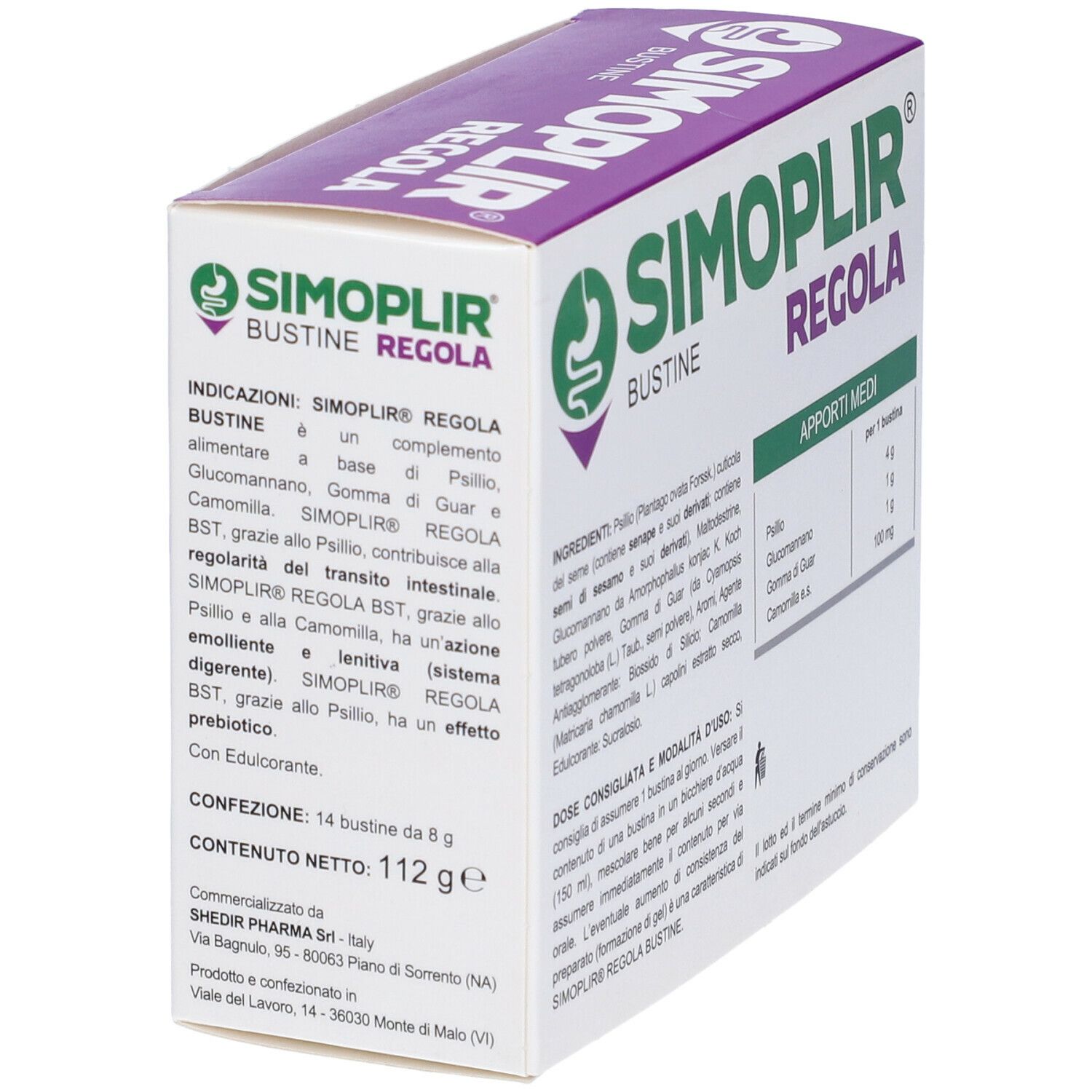 Scatola SIMOPLIR REGOLA. Scritta: BUSTINE. Ingredienti e tabella nutrizionale. Indirizzo del produttore.