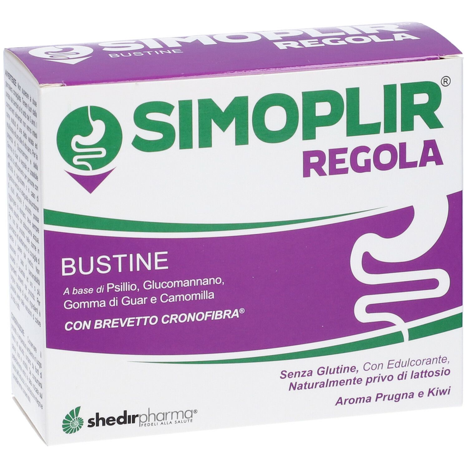Scatola SIMOPLIR REGOLA. Scritta: BUSTINE. Ingredienti: Psillio, Glucomannano, Gomma di guar, Camomilla. Senza glutine, lattosio.