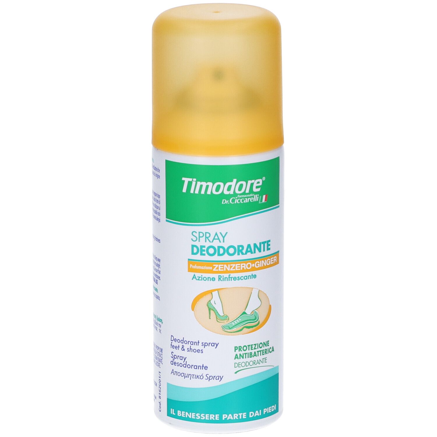 Deospray mit gelbem Deckel. Aufschrift: Timodore, Spray Deodorante Zenzero. Abbildung eines Fußes in einem Schuh.