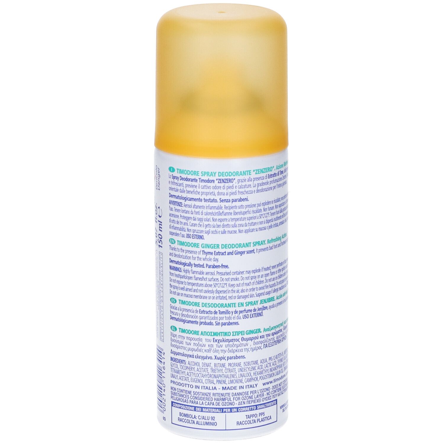 Rückseite einer Deospray-Dose. Text in mehreren Sprachen. Gelber Deckel. Aufschrift: Timodore Ginger Deodorant Spray.
